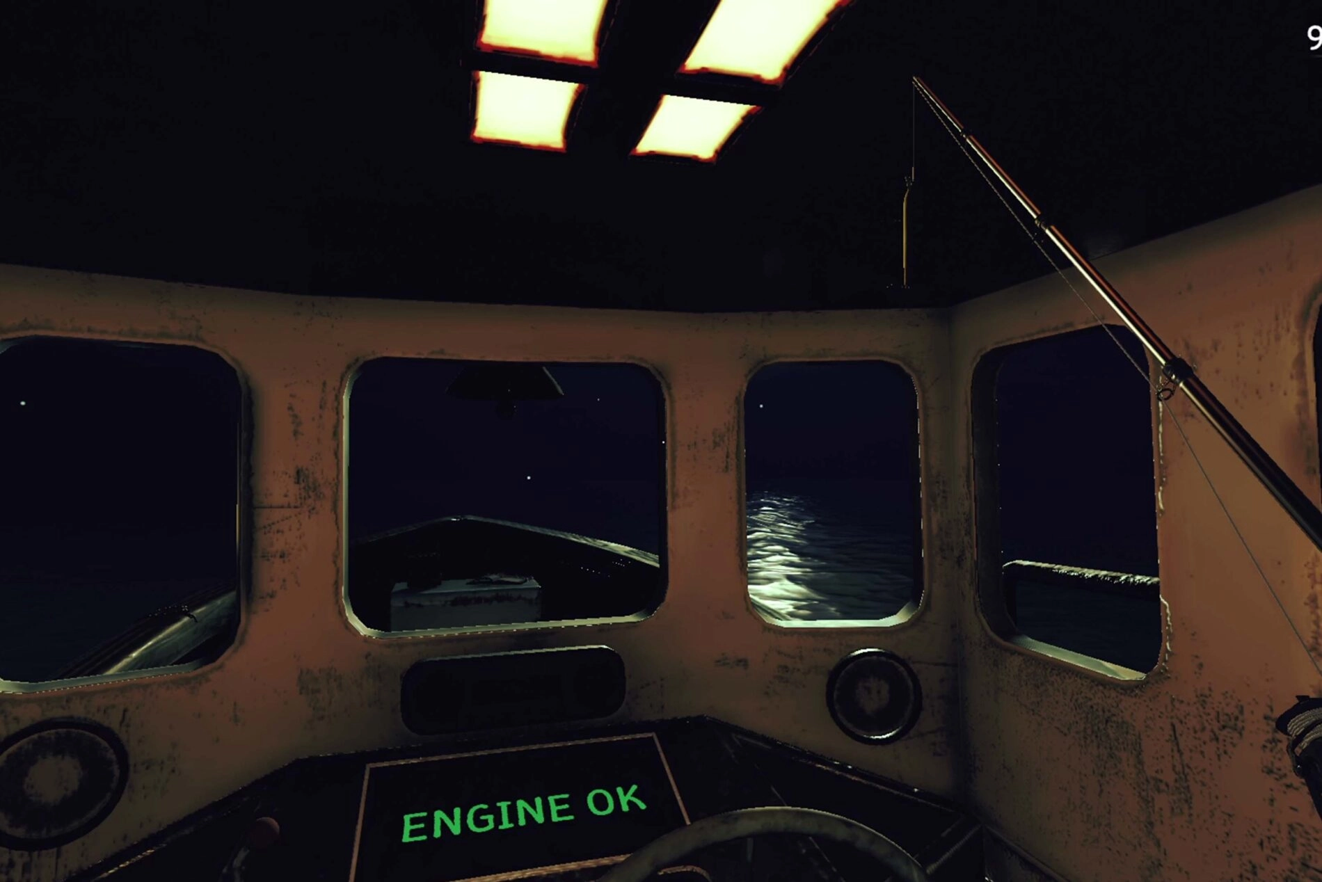 Boat interior at night with ominous atmosphere, focusing on solitude, time pressure, and unrepayable debt;
