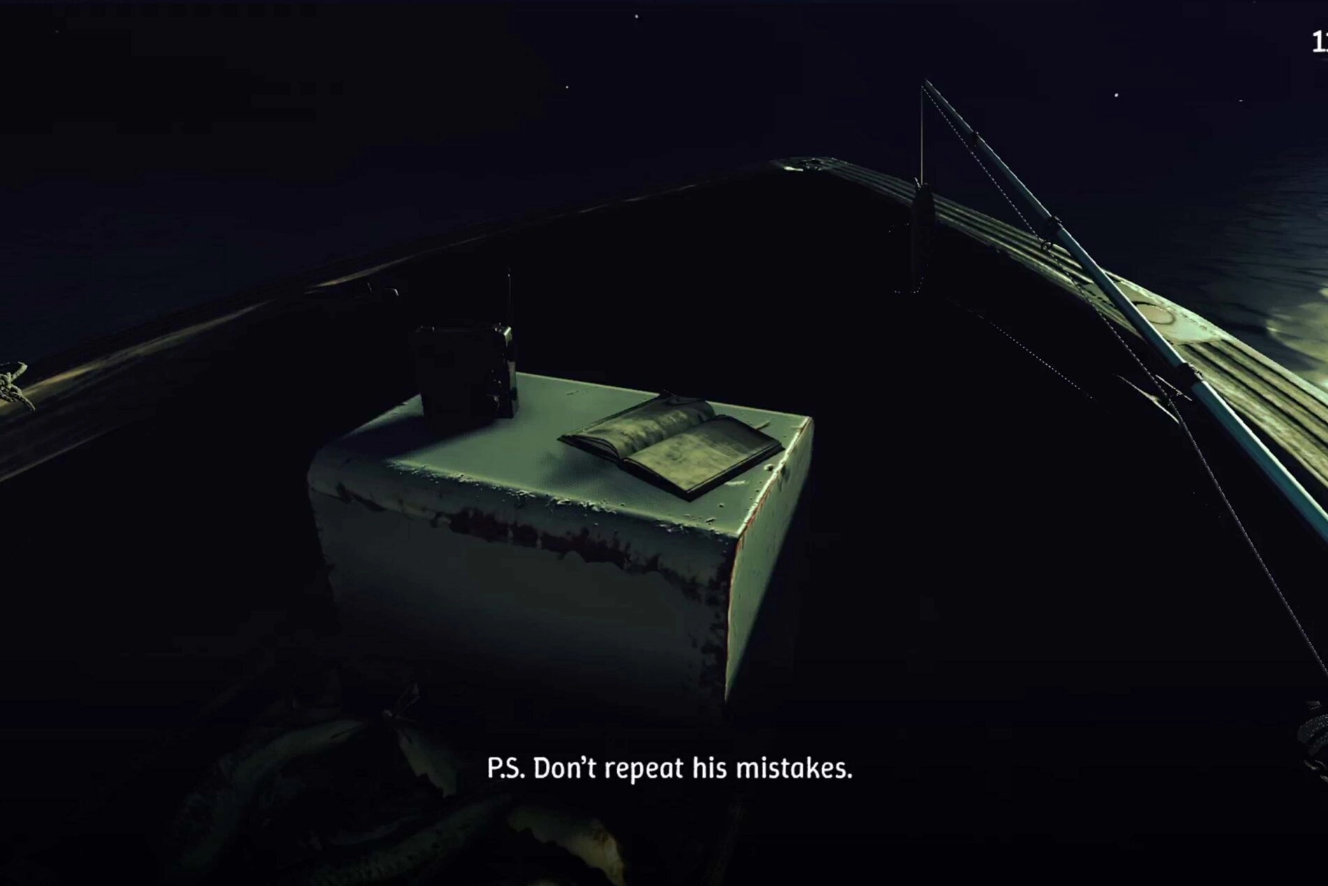 Dark boat scene with an open book, eerie atmosphere; a reminder not to repeat past mistakes emphasizes ominous tension.