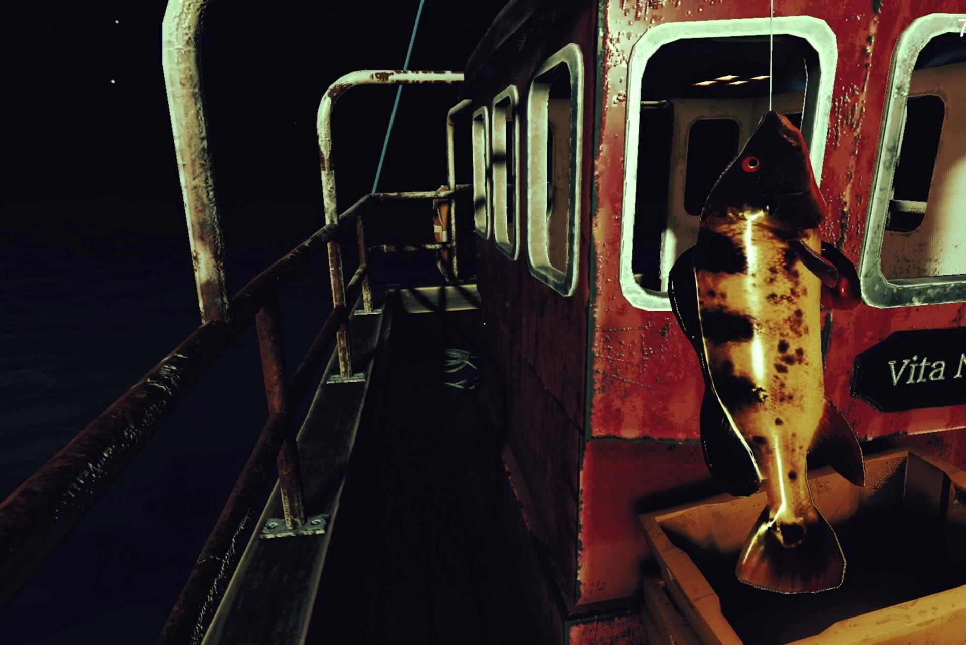 A worn boat at night with a large fish hanging symbolizes the eerie weight of debt in a Northern Italian horror story.