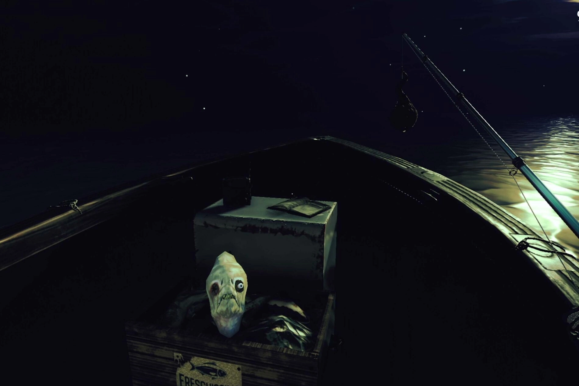 A creepy nighttime boat scene with a ghostly face in a box, evoking horror and tension through atmosphere and silence.