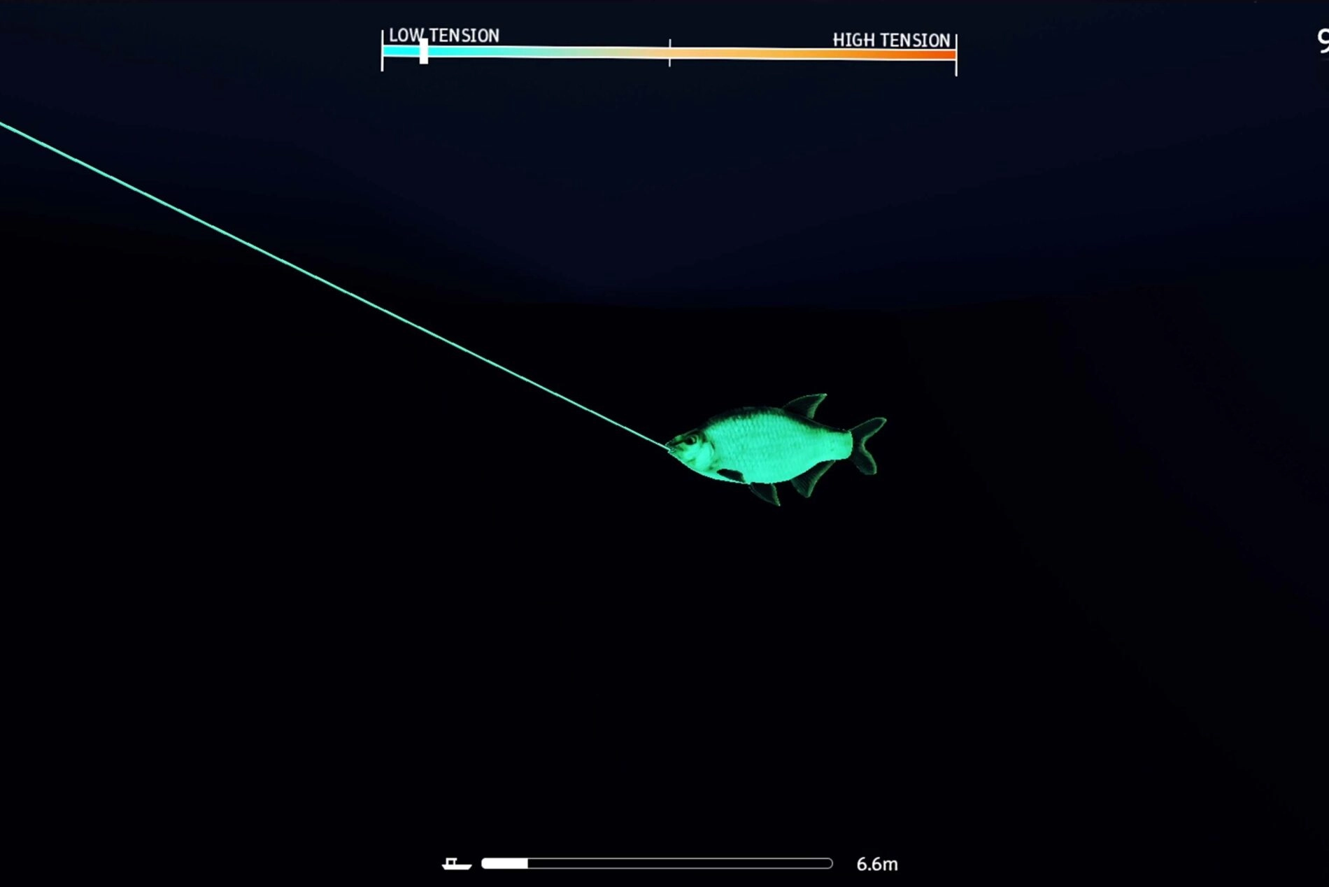 Fish caught on a line underwater, with tension gauge showing low to high tension levels.