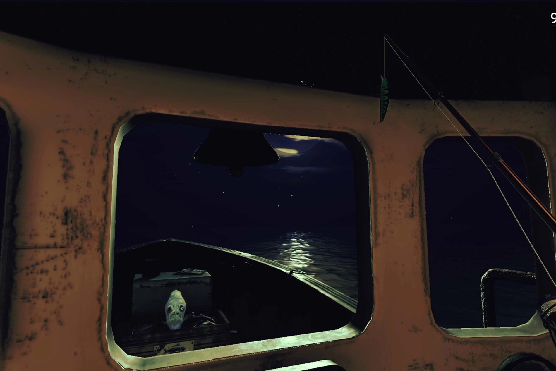 Nighttime boat scene from a horror game, emphasizing eerie atmosphere and psychological tension with a looming debt theme.