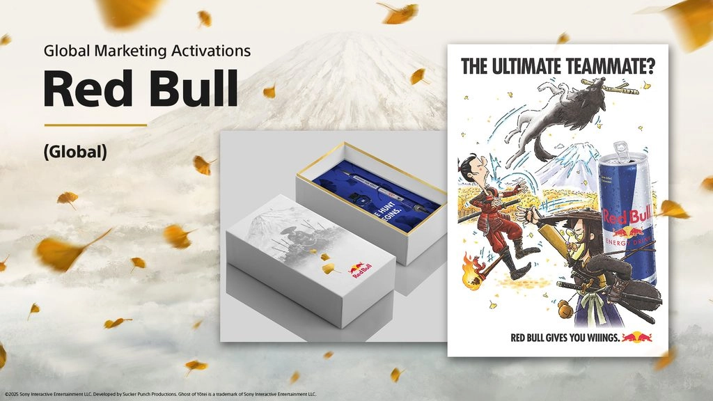 Red Bull marketing activation featuring Ghost of Yōtei-themed packaging and promotional artwork with a samurai
