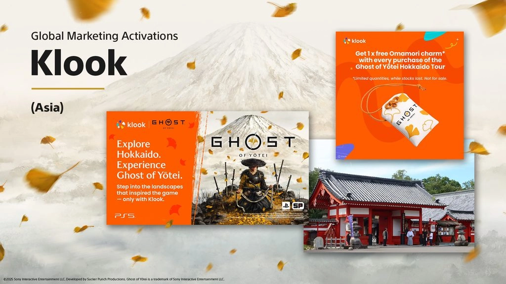 Klook marketing materials showcasing Ghost of Yōtei promotions, featuring Hokkaido travel experiences
