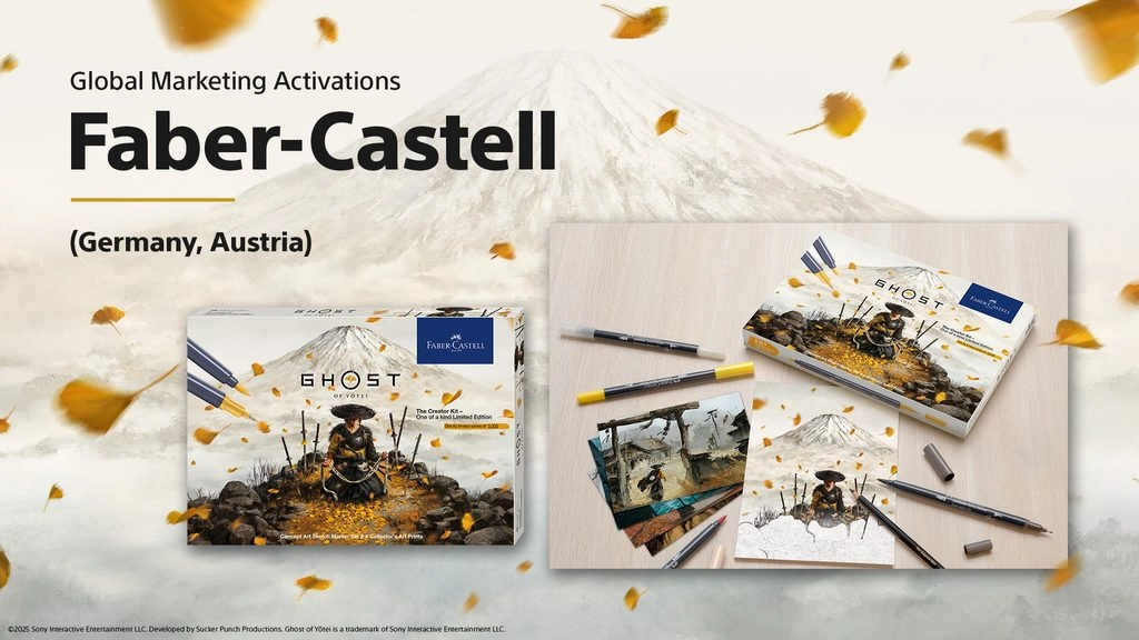 Faber-Castell art set featuring Ghost of Yōtei theme, showcasing creative marketing collaboration