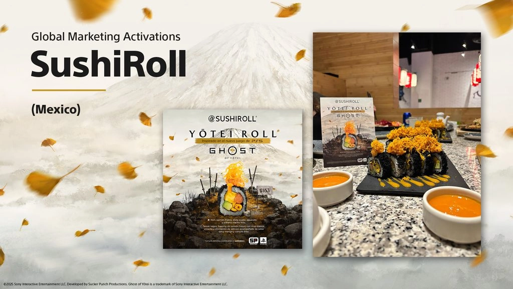 Sushi rolls inspired by Ghost of Yōtei, featuring vibrant toppings and themed presentation on a table