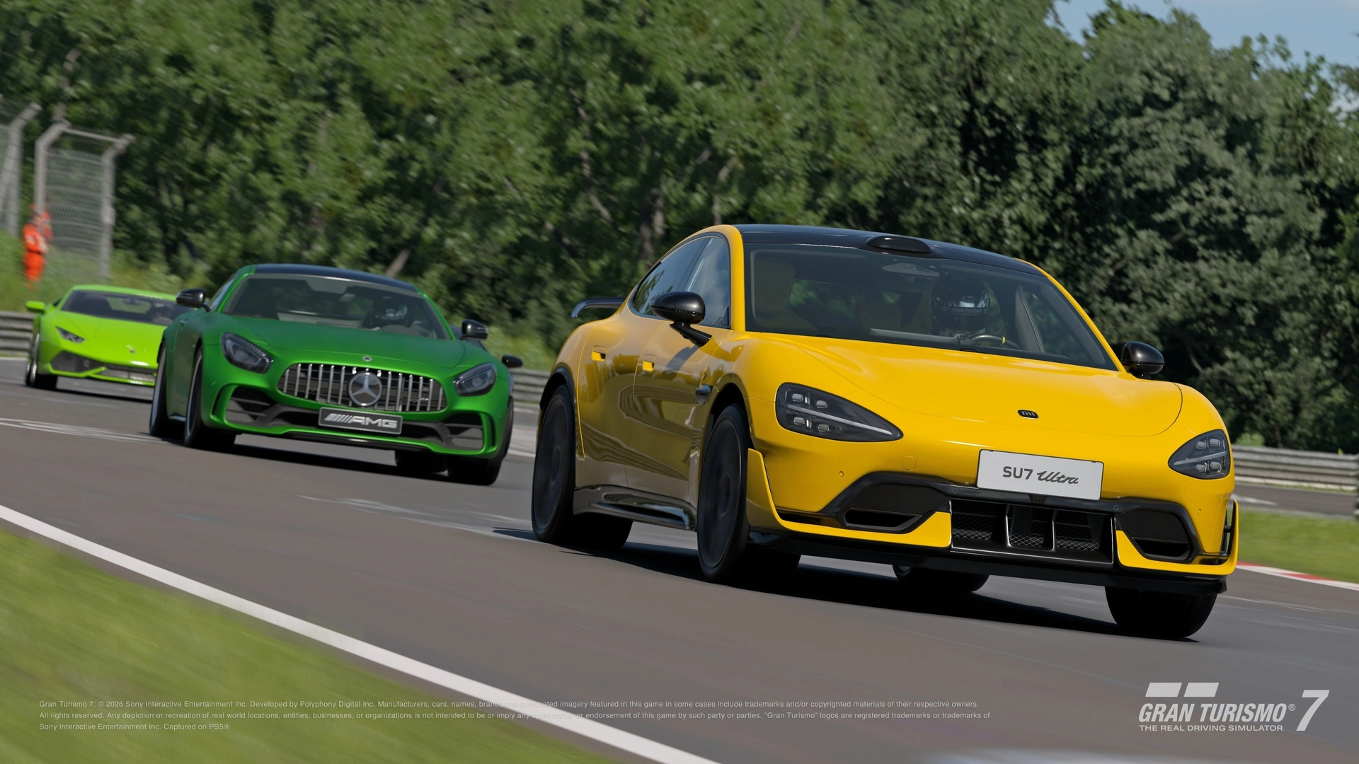 Yellow SU7 Ultra EV leads on a racetrack, followed by green and black sports cars, showcasing speed and power