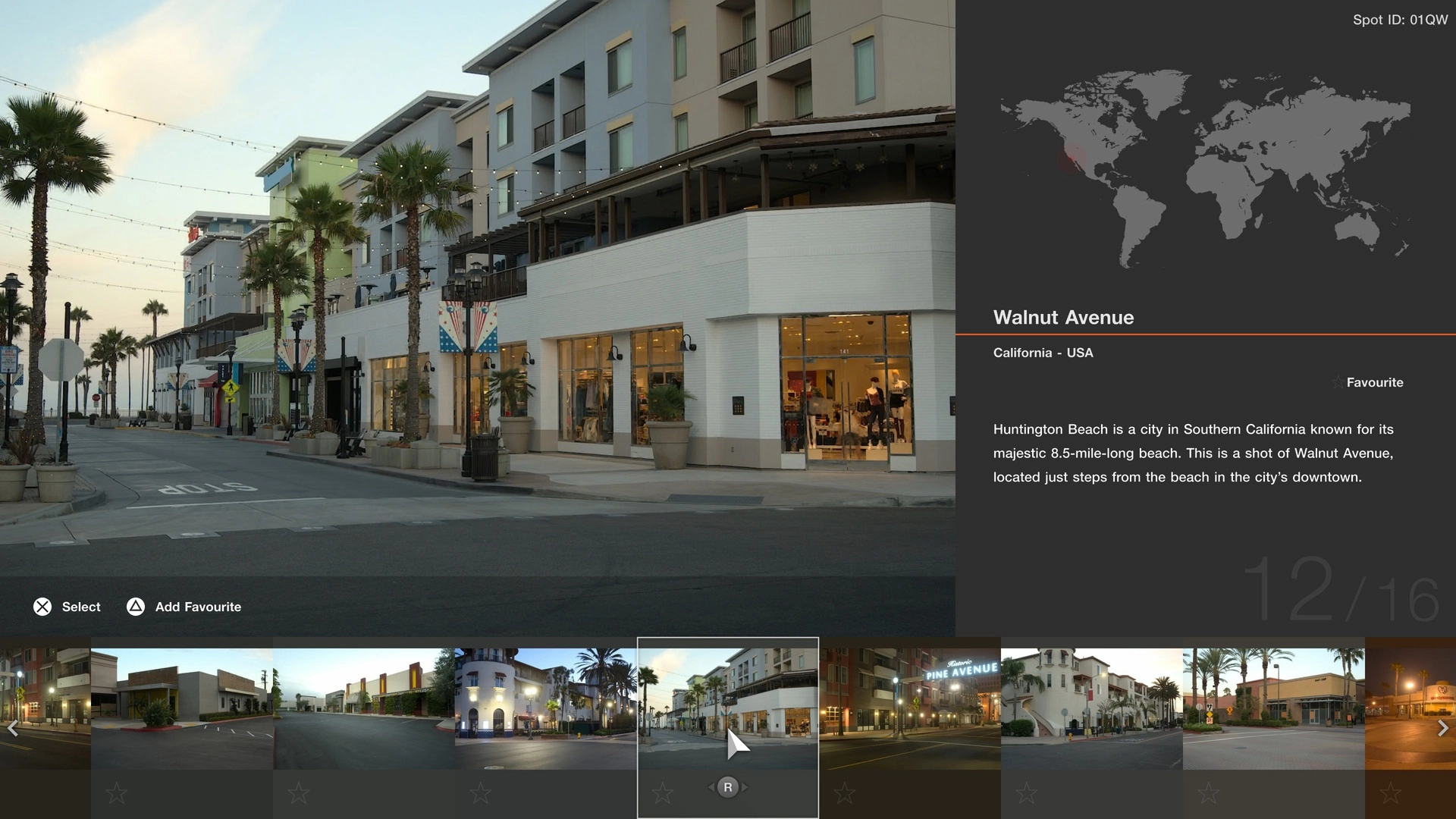 Street view of Walnut Avenue in California, showcasing palm trees and modern storefronts at dusk
