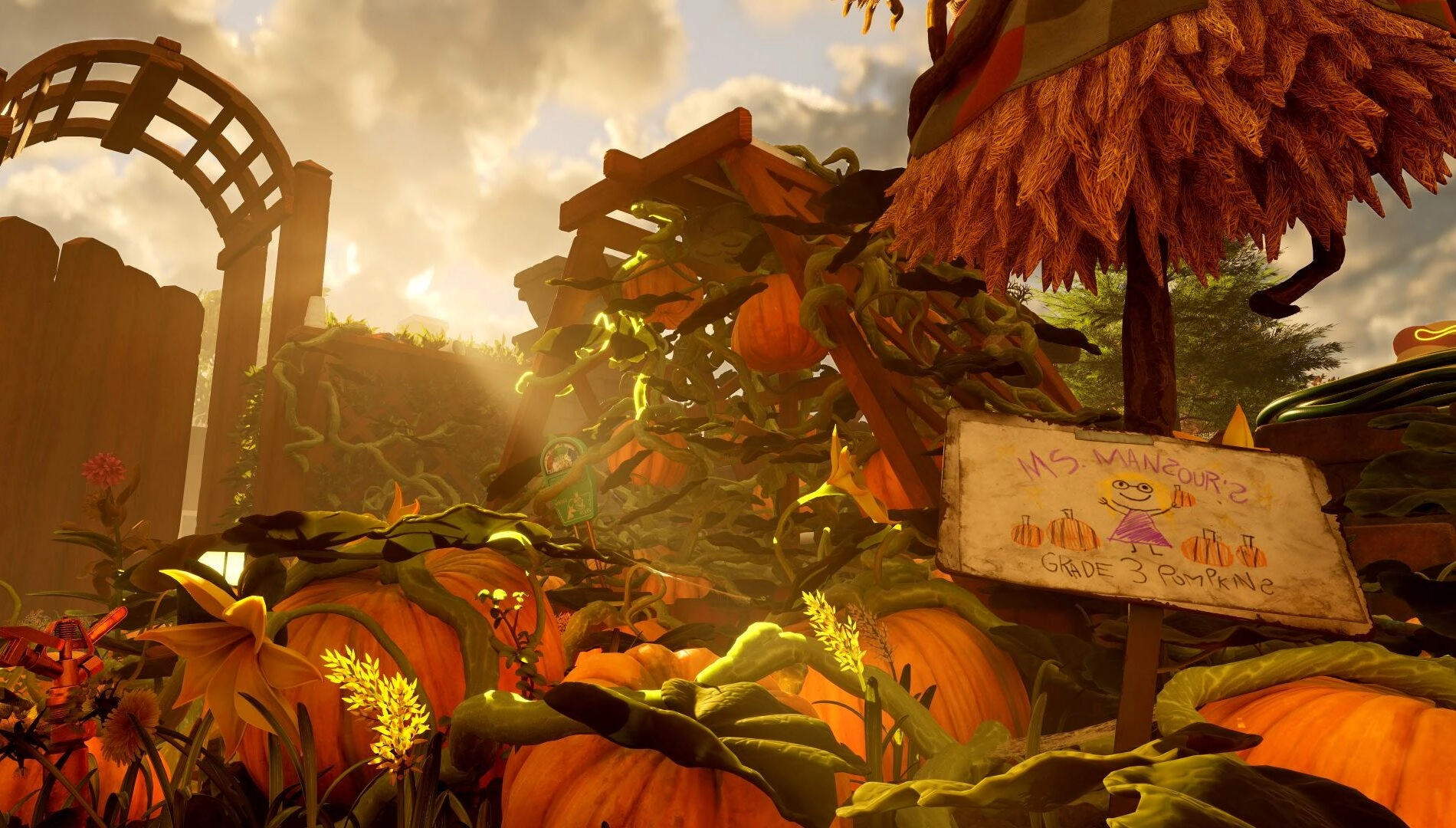 Sunlit garden with large pumpkins, vines, and a whimsical sign, setting for Grounded 2's Toxic Tangle update