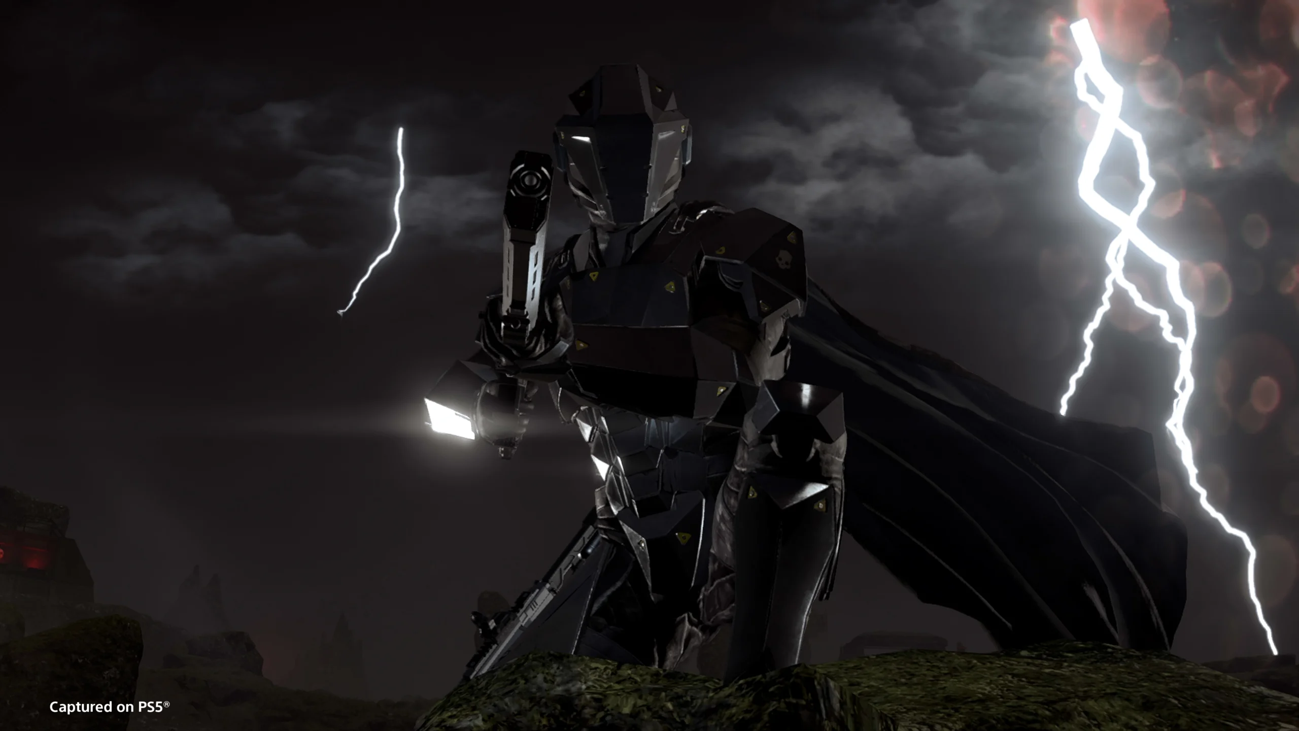 Helldivers soldier in futuristic armor with a cape, holding a rifle, against a stormy sky with lightning.