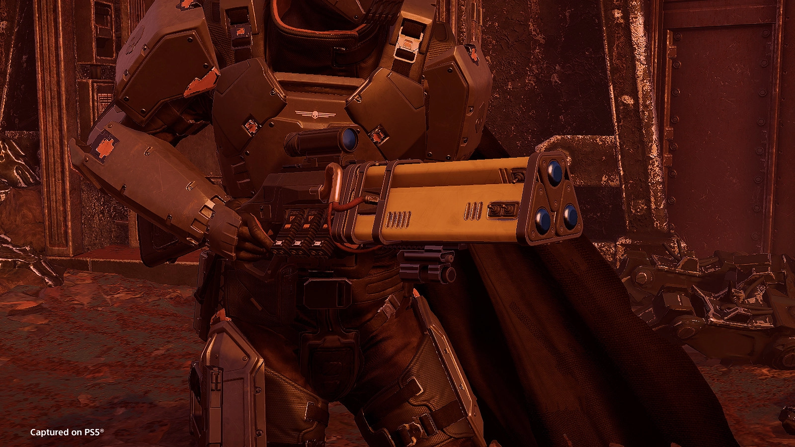 Armored soldier holding a futuristic weapon in a battle-ready stance, surrounded by a rugged environment