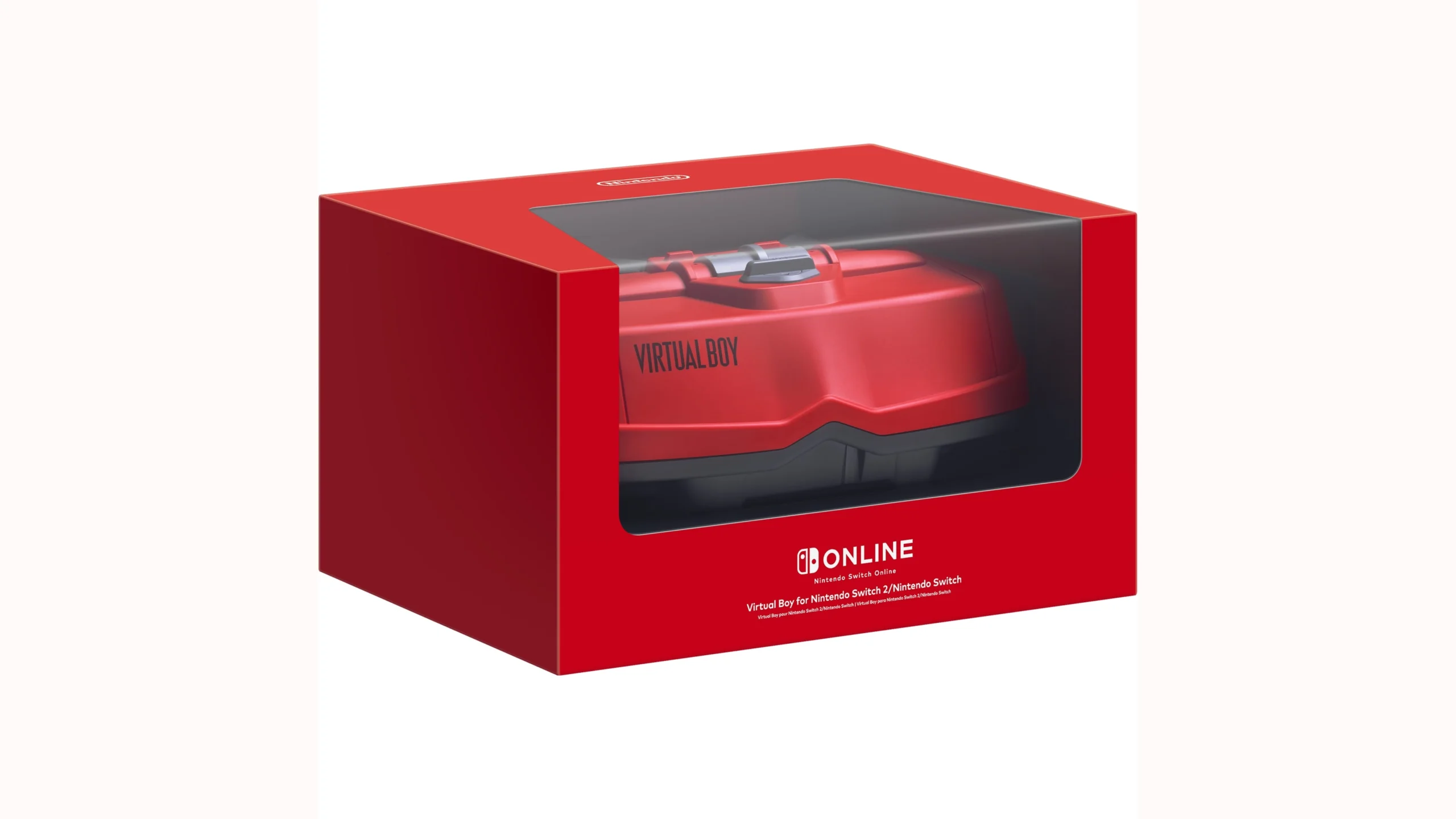 Red Nintendo Virtual Boy accessory box for Switch, showcasing the exclusive design through a clear window