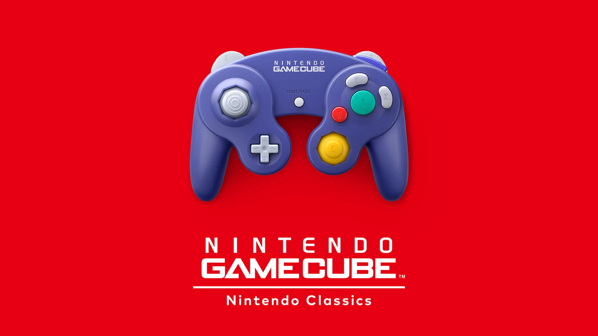 A blue Nintendo GameCube controller on a red background with Nintendo Classics text below
