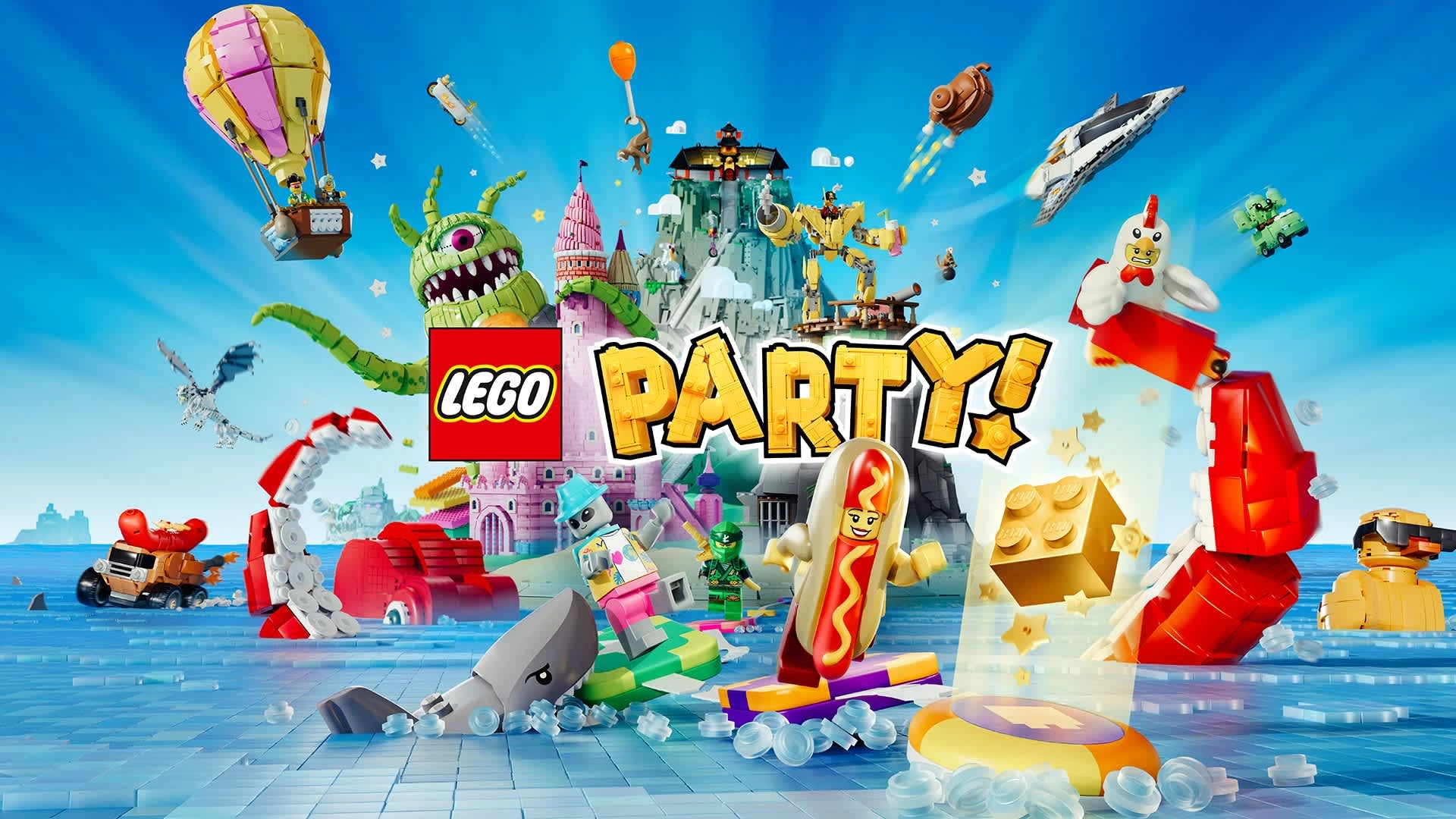 Colorful LEGO characters and structures in a vibrant party scene with a hotdog figure in the foreground