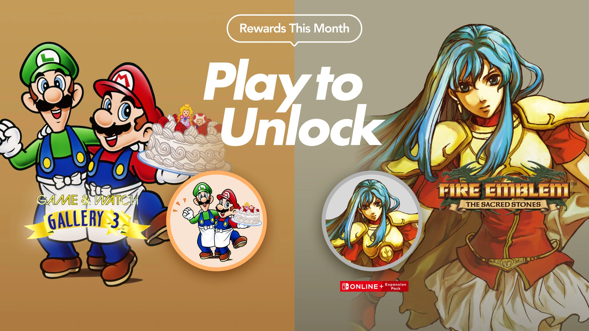 Mario and Luigi celebrate with cake; Fire Emblem character stands ready for battle in promotional graphic