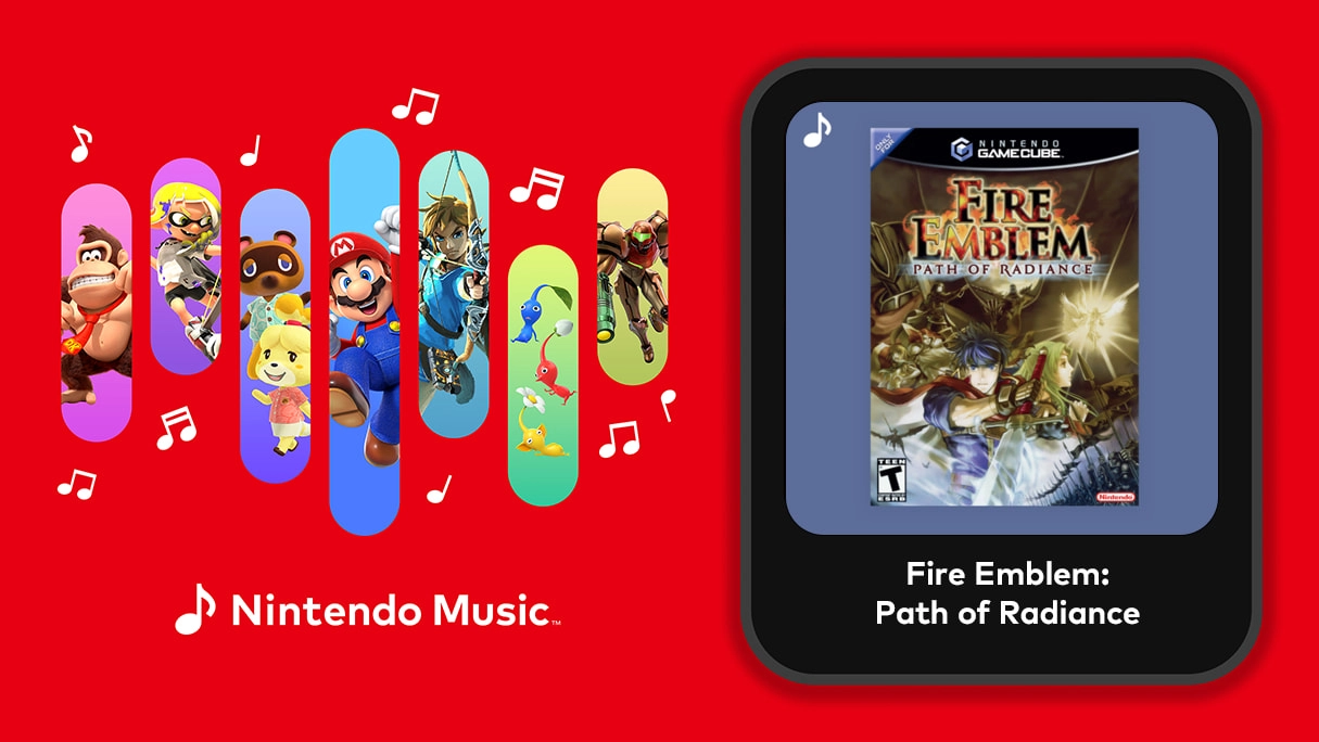 Nintendo Music logo with characters and Fire Emblem: Path of Radiance game cover on red background