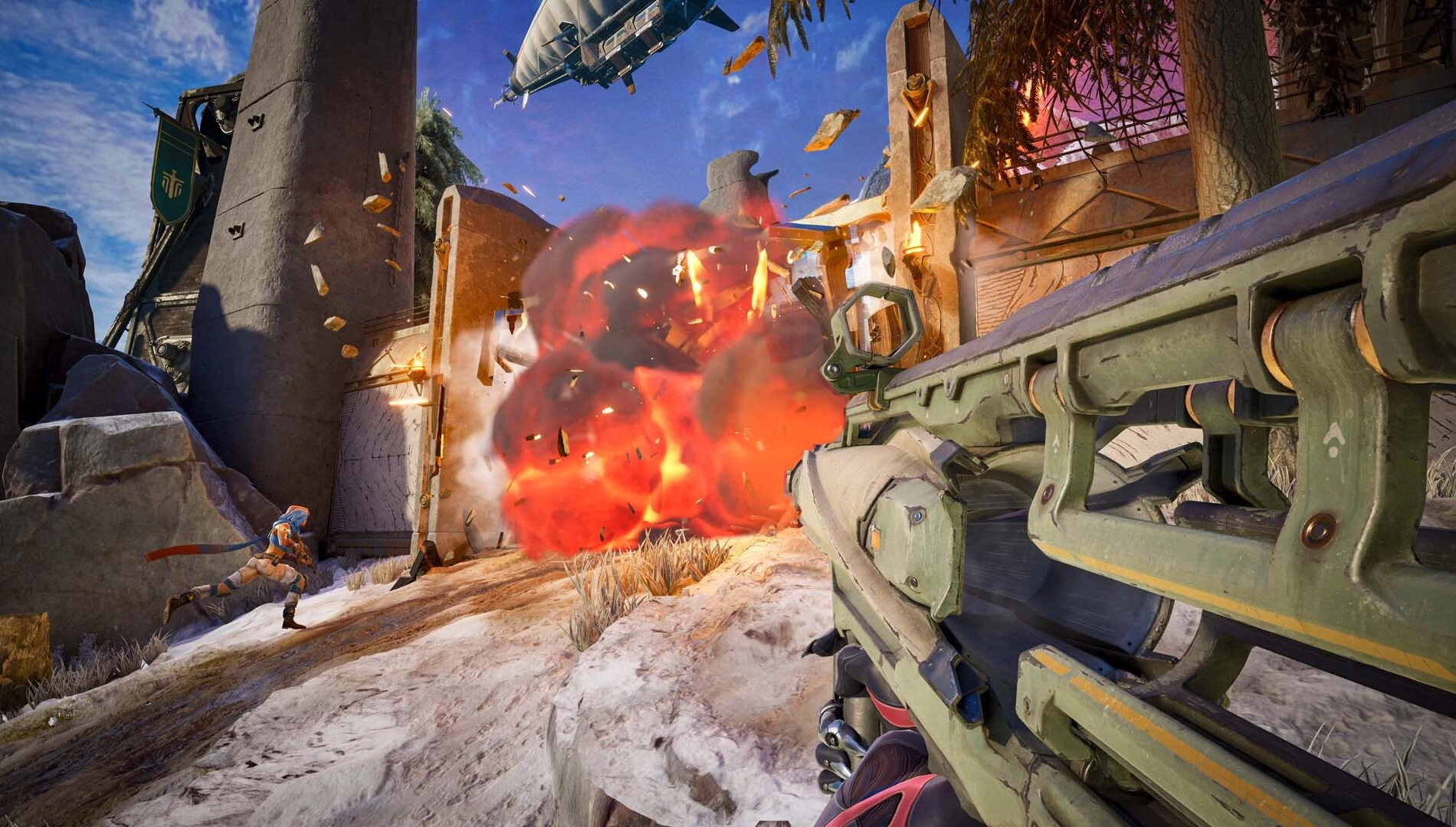 A player fires a rocket launcher at an enemy fortress, causing a massive explosion in Highguard gameplay