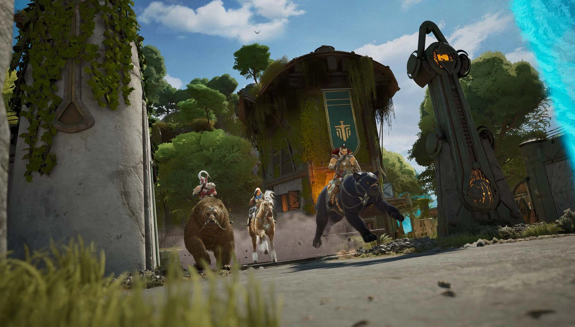 Players ride animals, including a bear, charging towards a fortress in the game Highguard on Xbox Series X|S