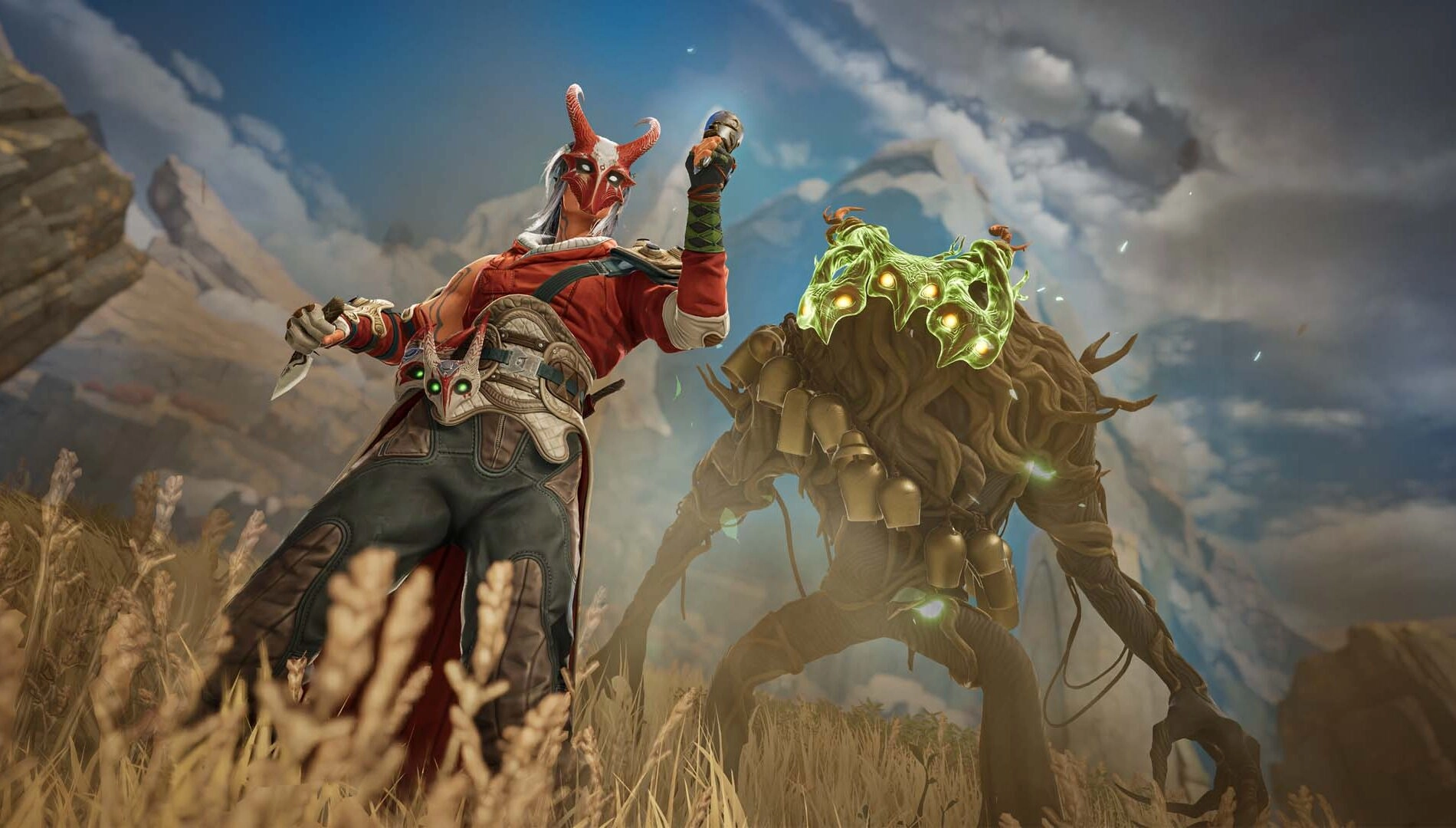 A warrior in red armor stands beside a glowing, tree-like creature in a grassy battlefield