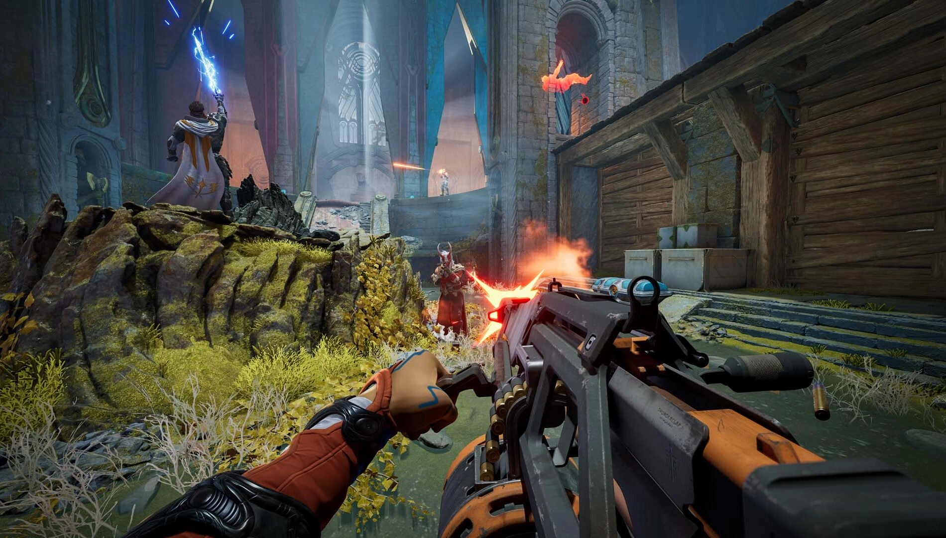 First-person view of a player firing a weapon in a mystical fortress setting in Highguard game