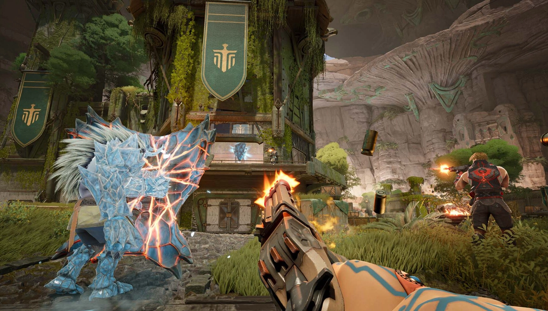 Player aiming a weapon at an enemy in a lush, fortress-like setting in the game Highguard