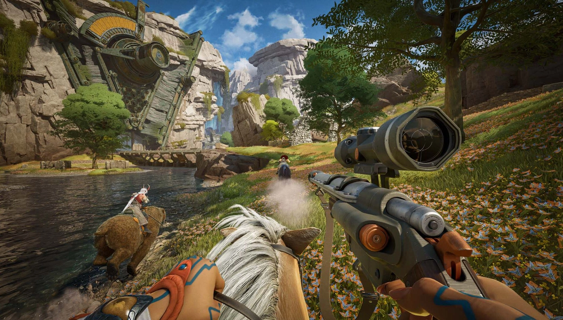 First-person view of a player riding a horse, aiming a rifle in a vibrant, fantasy landscape with ruins