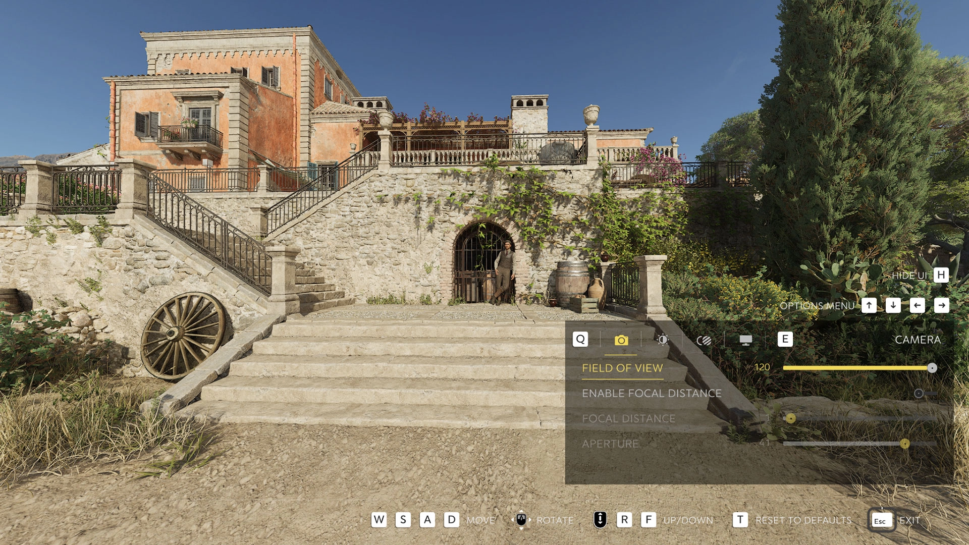 Stone villa with stairs, surrounded by lush greenery in the Sicilian countryside, Photo Mode interface visible