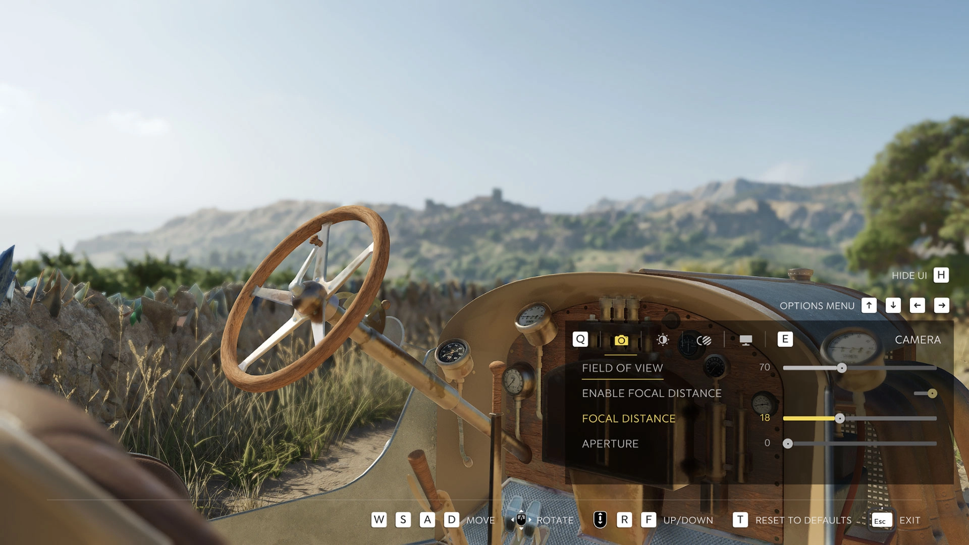 View from inside a vintage car overlooking the scenic Sicilian countryside in Mafia's Photo Mode interface