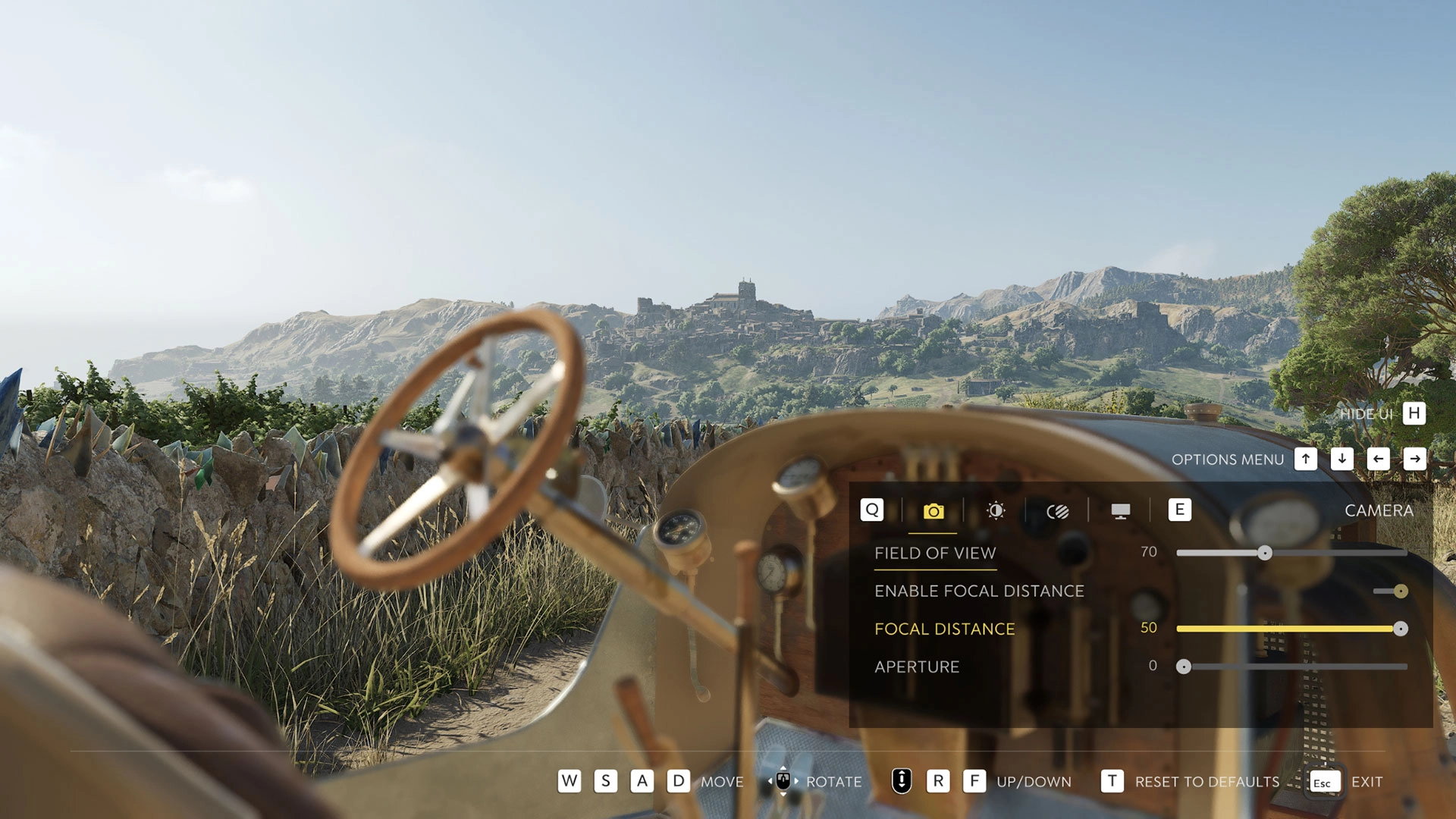 View from a vintage car in Mafia's Photo Mode, showcasing the scenic Sicilian countryside and hills