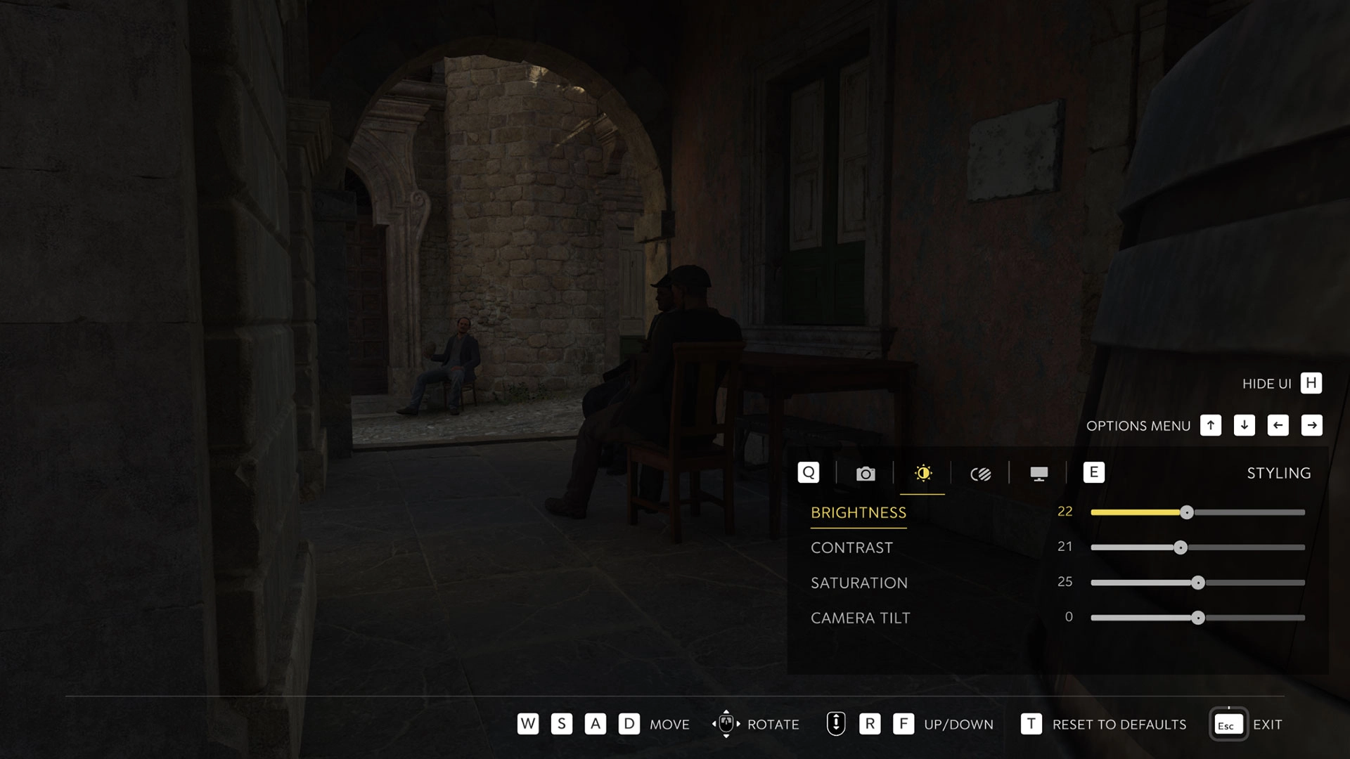 Game screenshot showing a dimly lit alley with two characters sitting, Photo Mode settings visible on screen