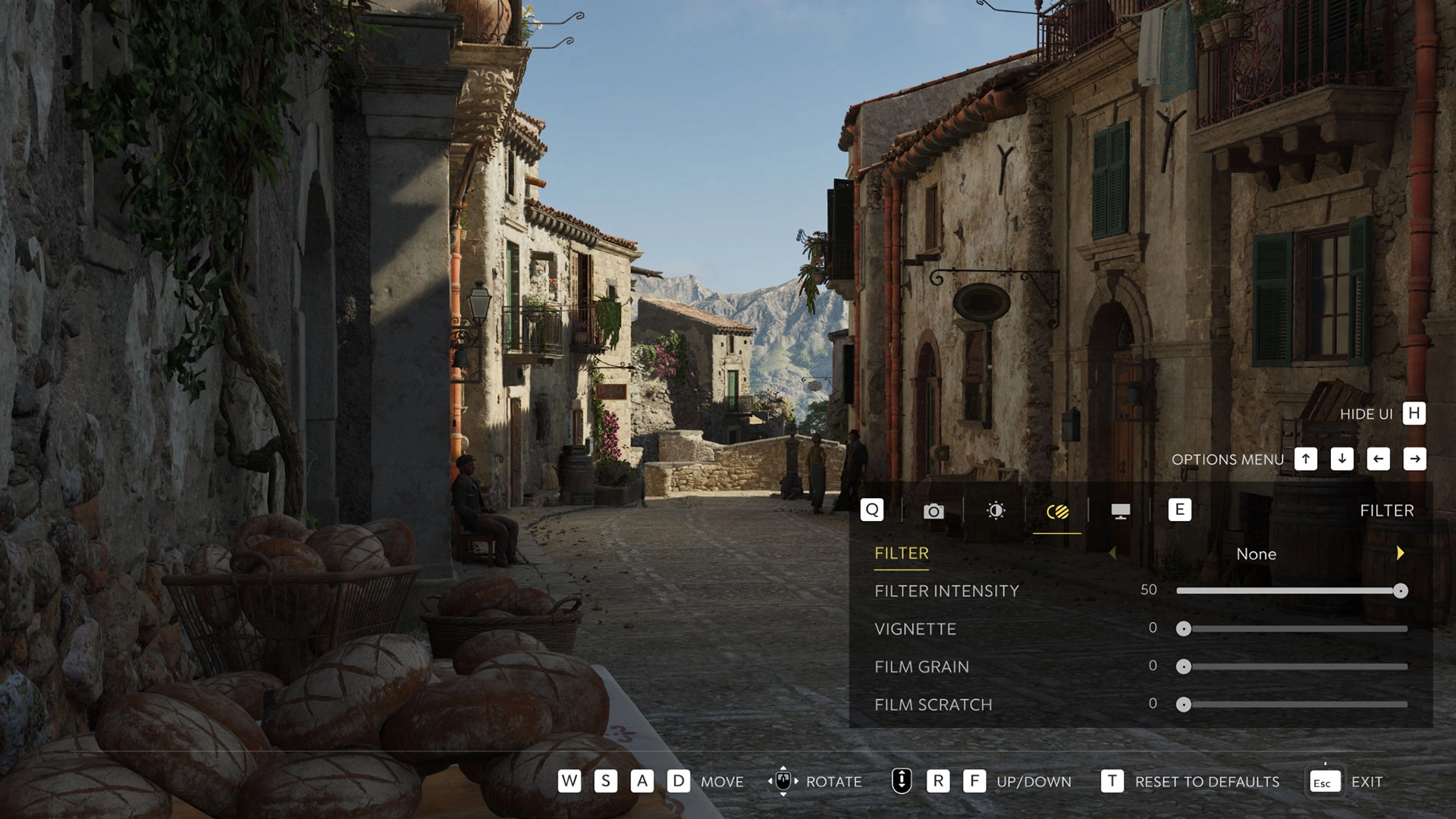 A narrow Sicilian street in Mafia: The Old Country, showcasing Photo Mode interface and scenic details