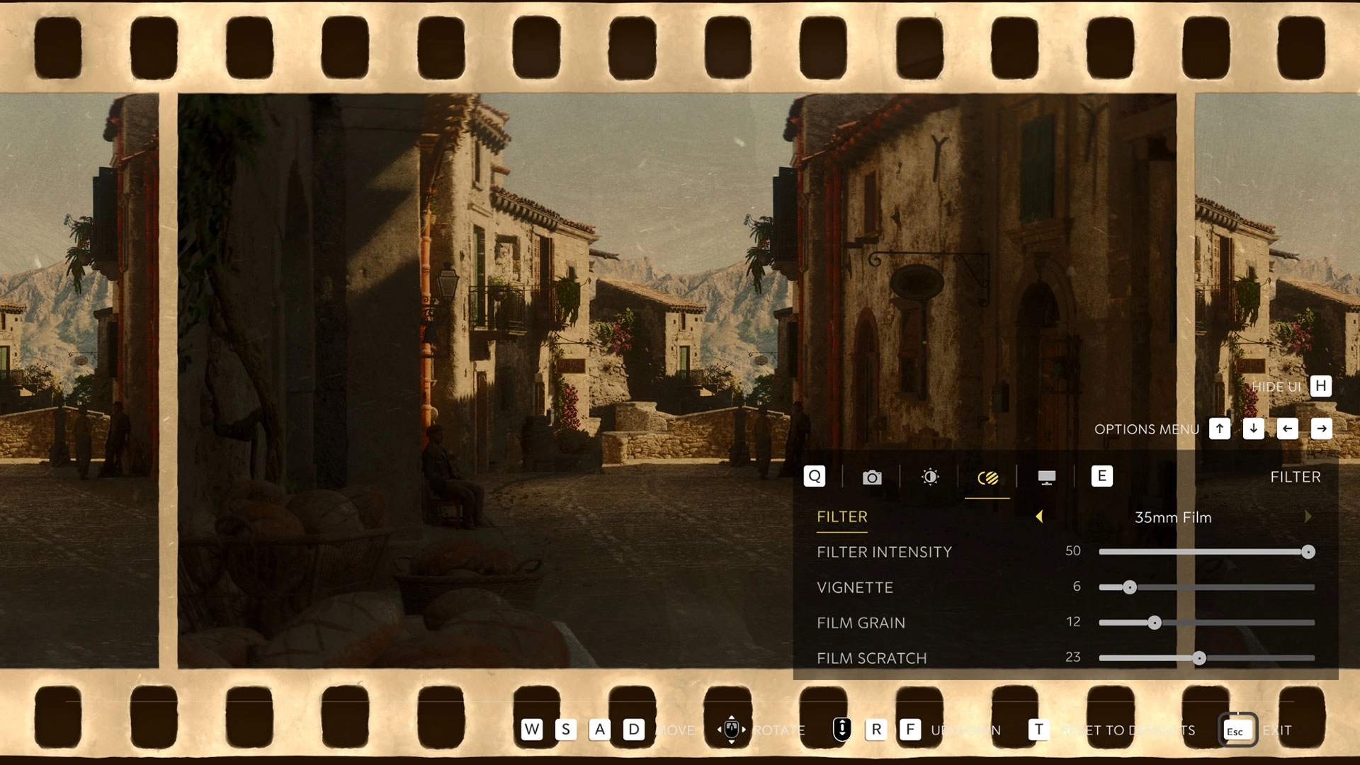 A picturesque Sicilian street in Mafia game with Photo Mode interface, showcasing filter options and settings