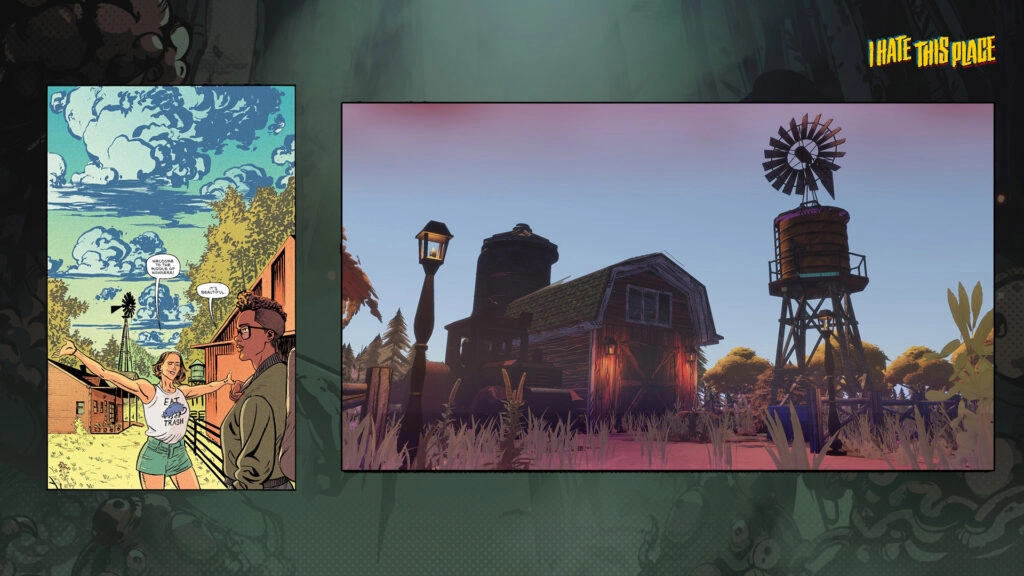 Comic panel and game scene comparison; comic shows characters talking, game depicts rural house and windmill