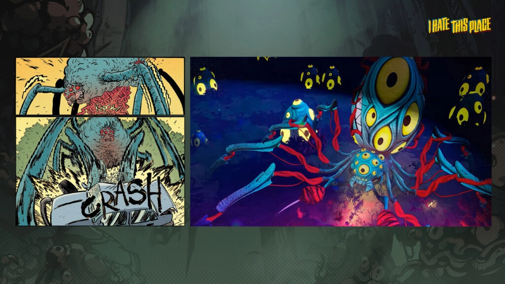 Comic panel with a giant spider creature and a game scene featuring a multi-eyed monster in vibrant colors