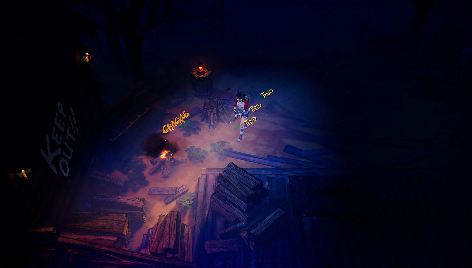 A character navigates a dimly lit area with comic-style sound effects, enhancing the horror ambiance