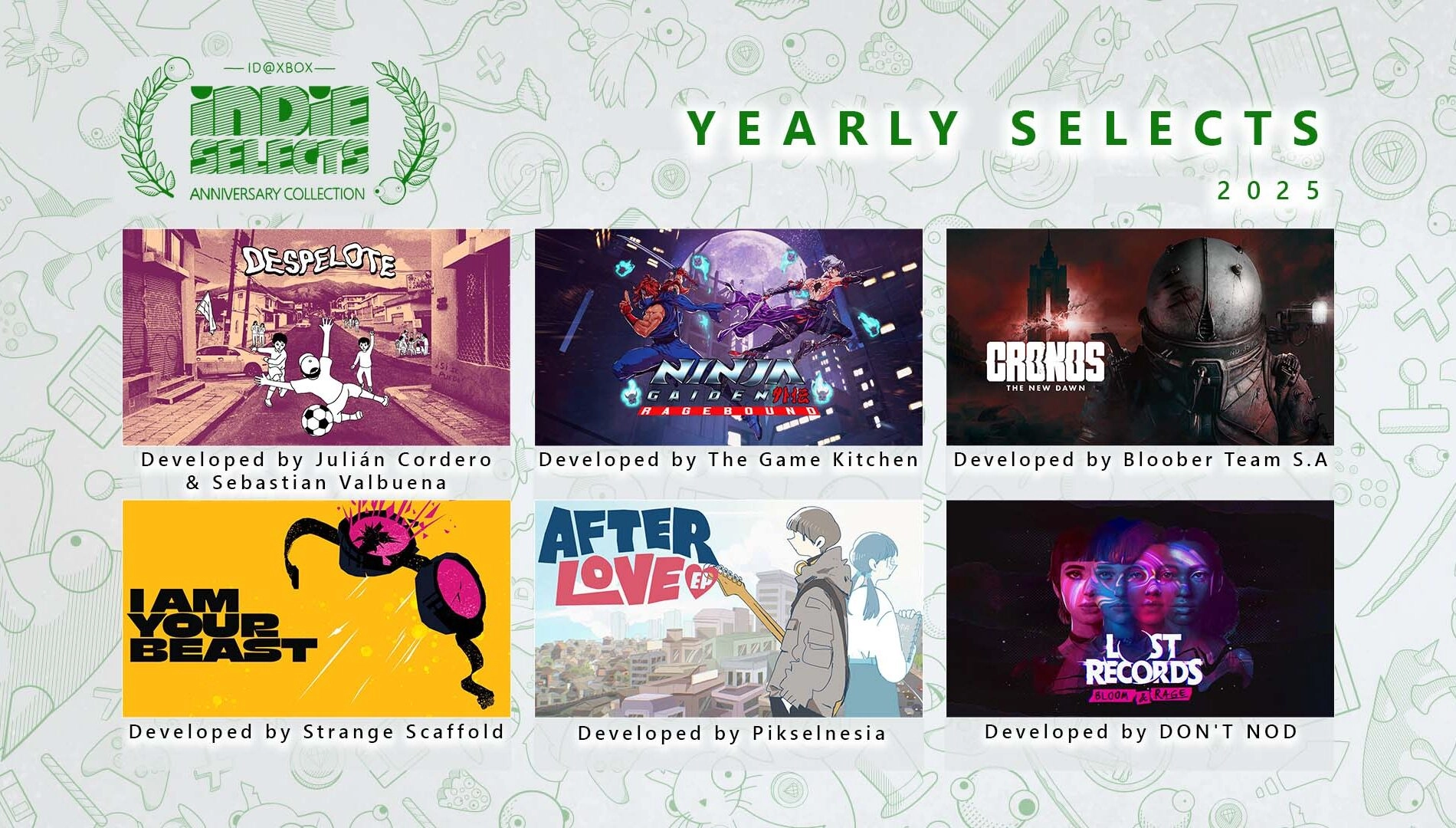 Six indie game covers from the 2025 Indie Selects Anniversary Collection, showcasing diverse genres
