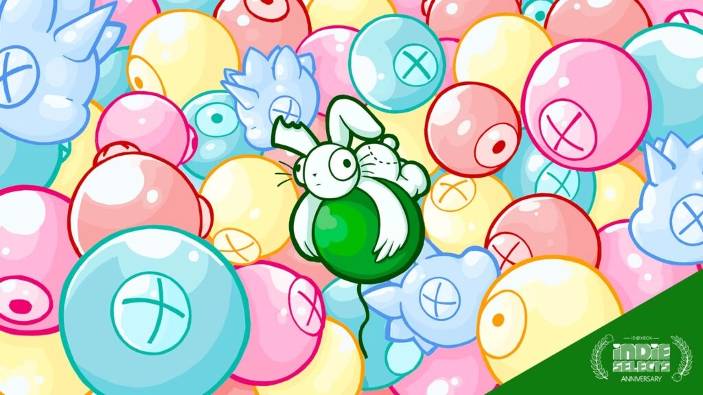 Colorful cartoon-style illustration of a rabbit surrounded by vibrant, round creatures with X eyes