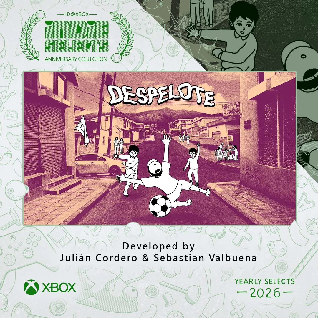 Despelote game cover art with kids playing soccer in a vibrant urban street setting, part of Indie Selects 2026