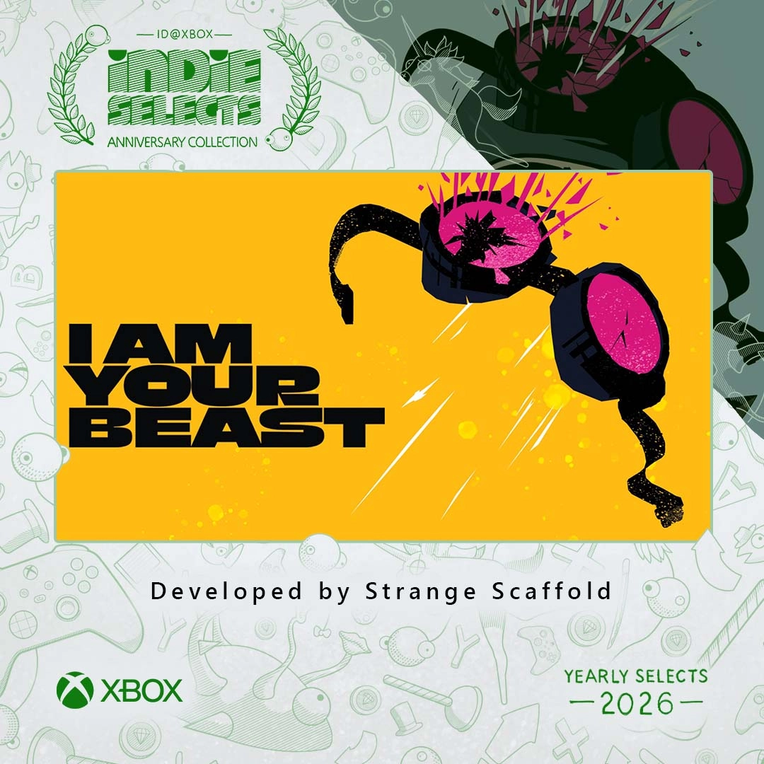 Promotional graphic for "I Am Your Beast" game, featuring shattered glasses and bold text on a yellow background