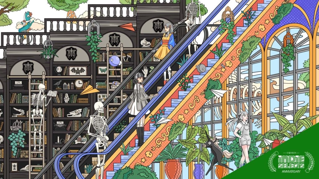 Colorful illustration of skeletons and characters on escalators in a whimsical library setting
