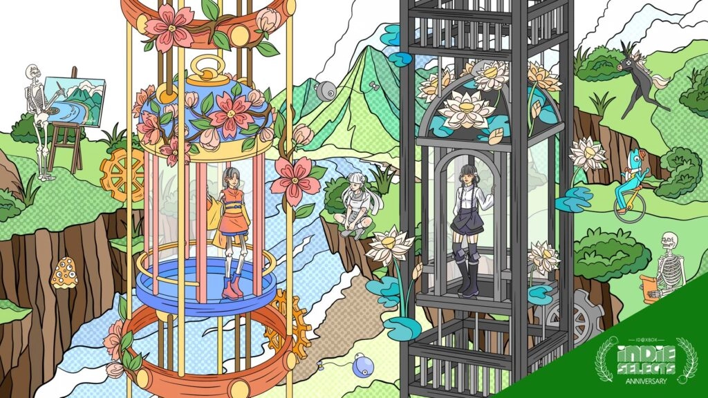 Colorful illustration of two characters in floral-themed glass elevators, celebrating Indie Selects anniversary