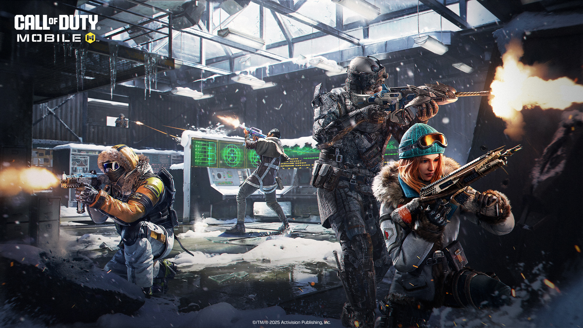 Exciting scene from Call of Duty®: Mobile Season 1, featuring operators in action with weapons in a snowy environment.