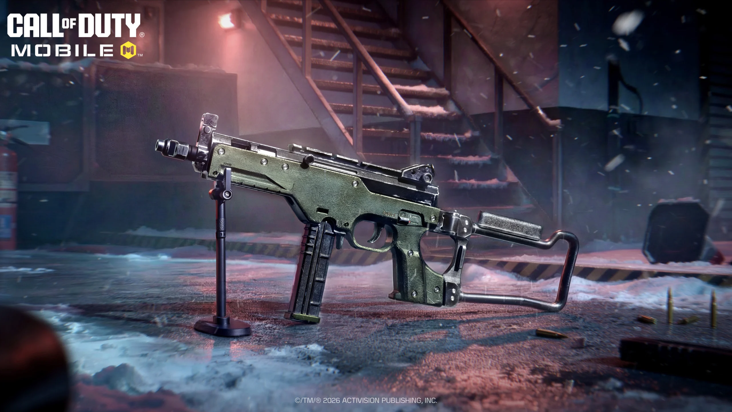 LC10 SMG showcased in snowy Call of Duty®: Mobile Season 1, highlighting new weapons and winter-themed events.