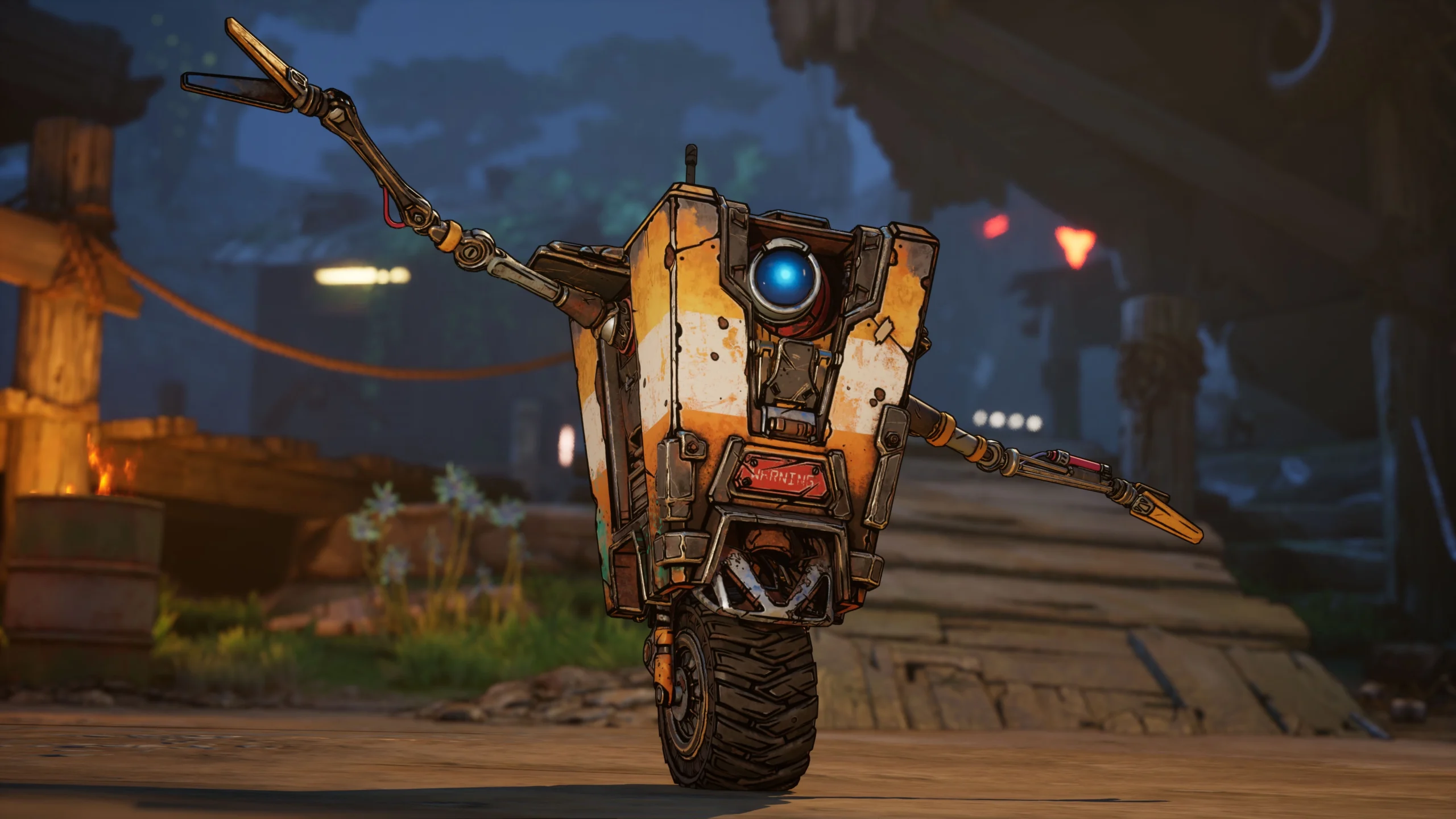 Claptrap, the iconic robot from Borderlands, joyfully balances on one wheel in a vibrant, outdoor setting