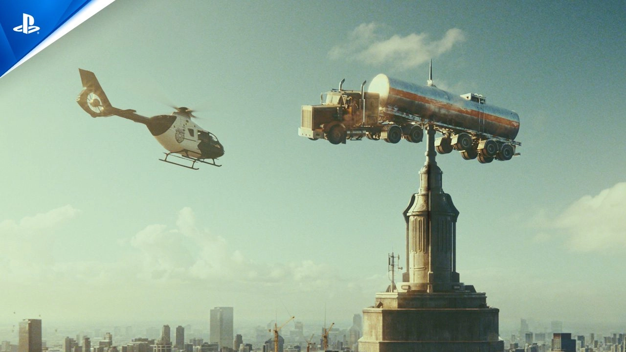 A helicopter approaches a tanker truck improbably balanced atop a skyscraper, showcasing PlayStation 5 excitement
