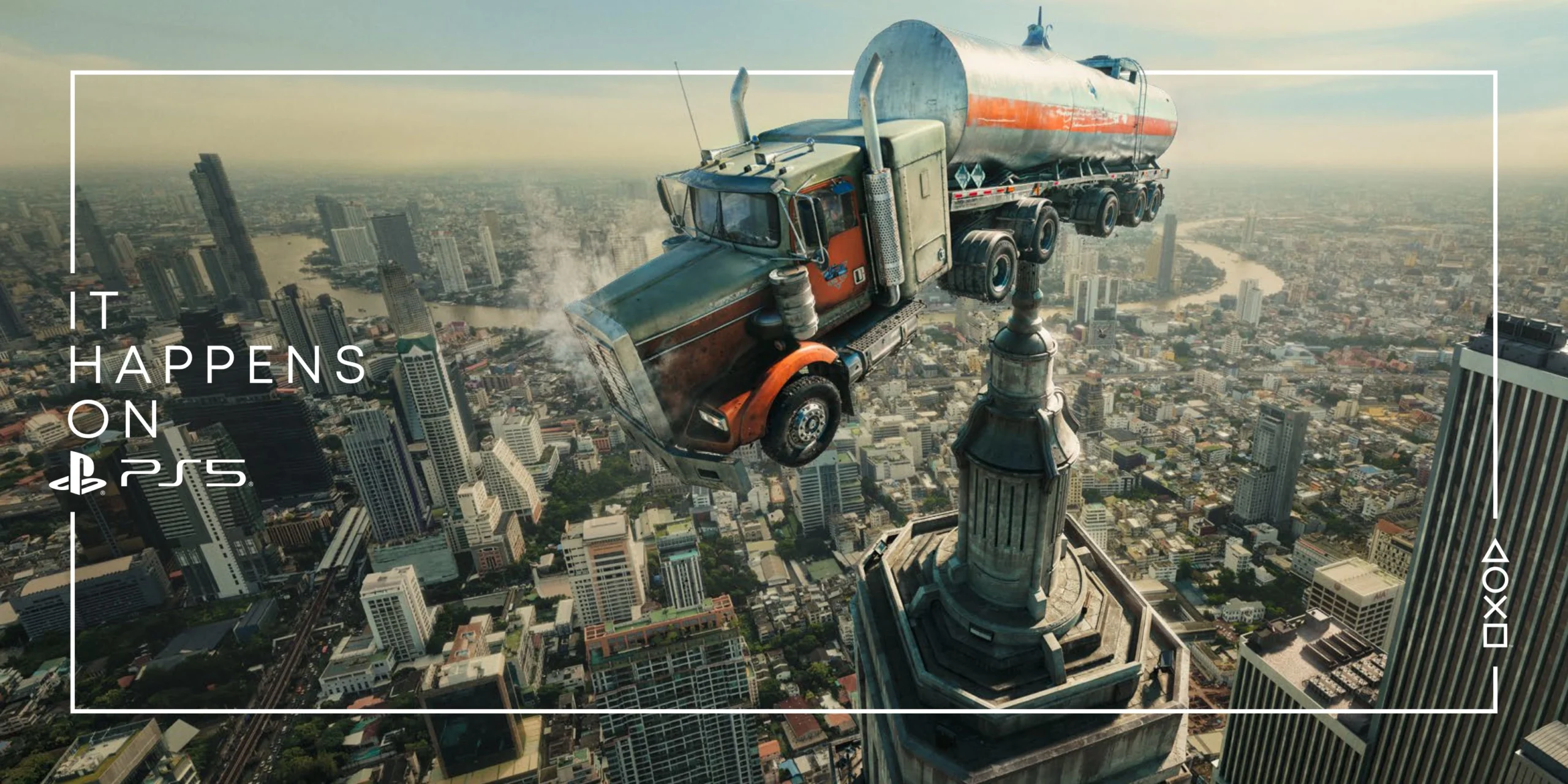 A tanker truck precariously balanced on a skyscraper spire above a sprawling cityscape, promoting PS5 campaign