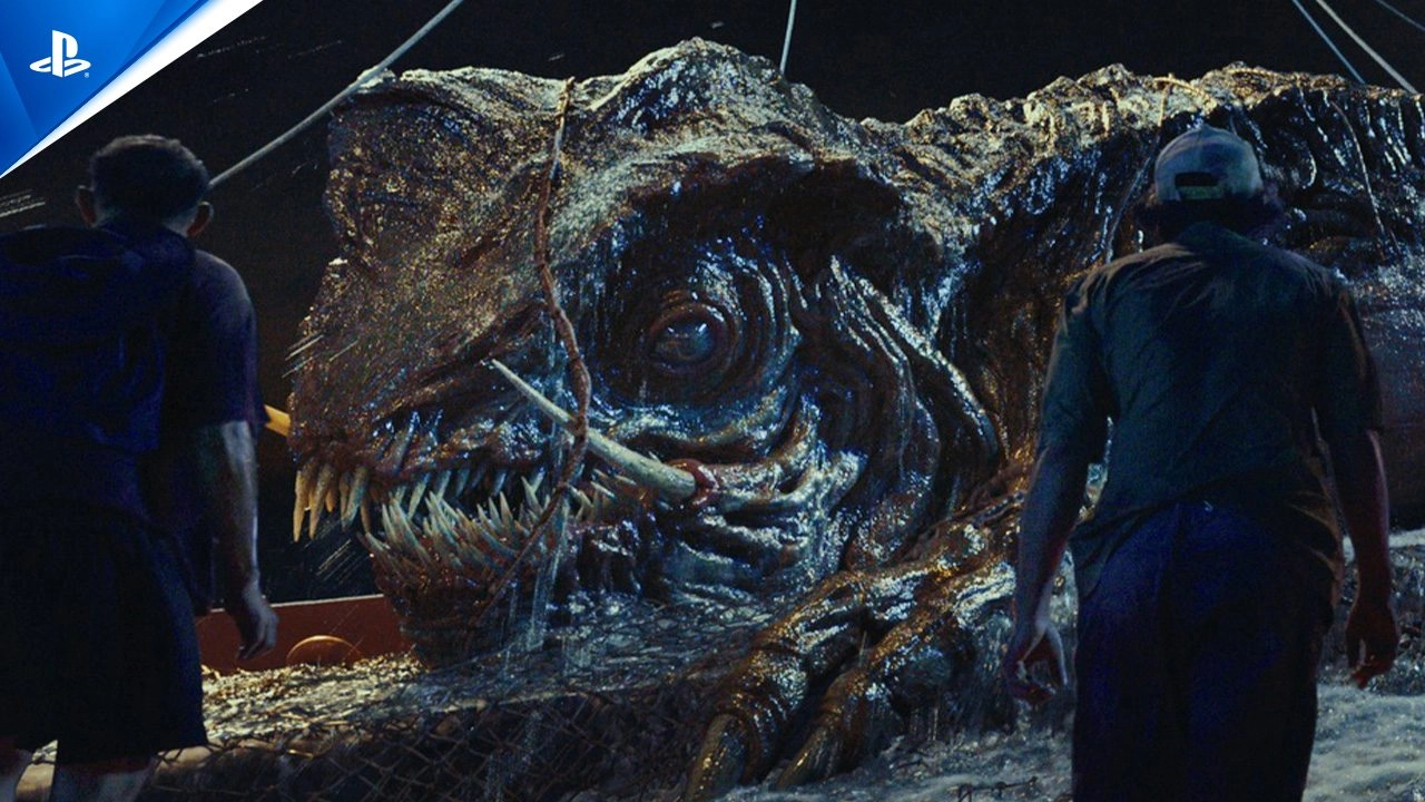 Two people facing a massive, monstrous creature on a ship, highlighting PlayStation 5's epic moments