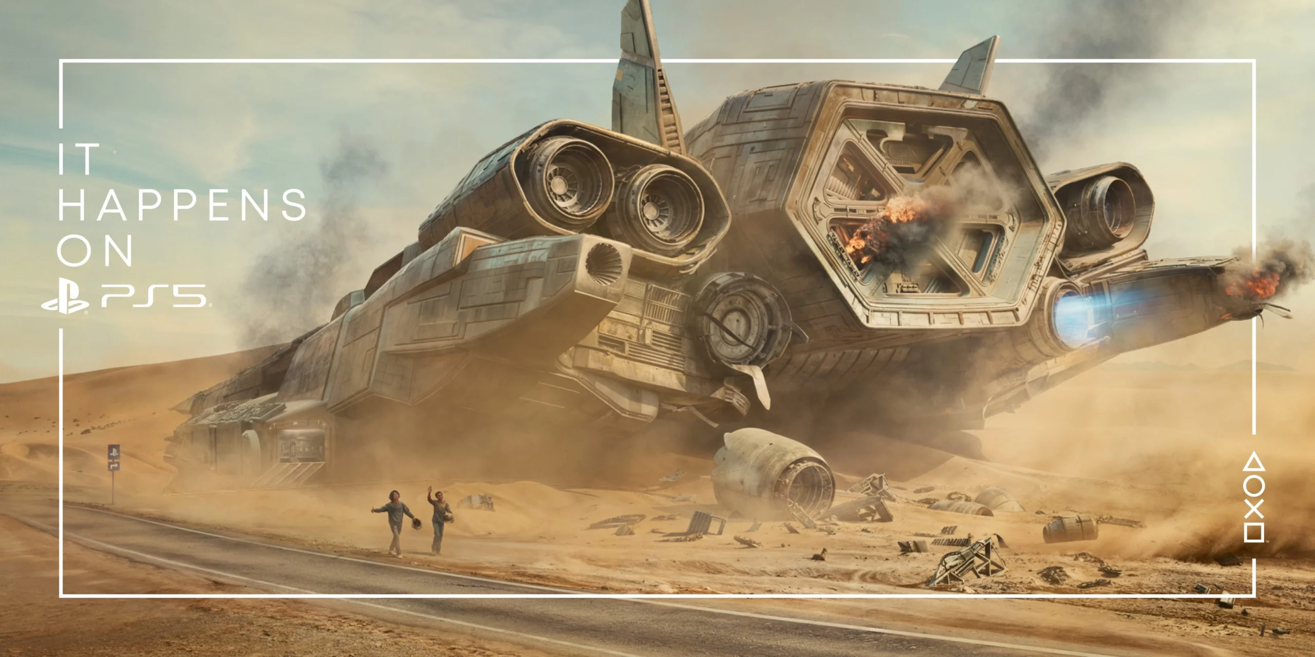 A futuristic spaceship crashes in a desert, with two people running towards it, promoting PS5 excitement