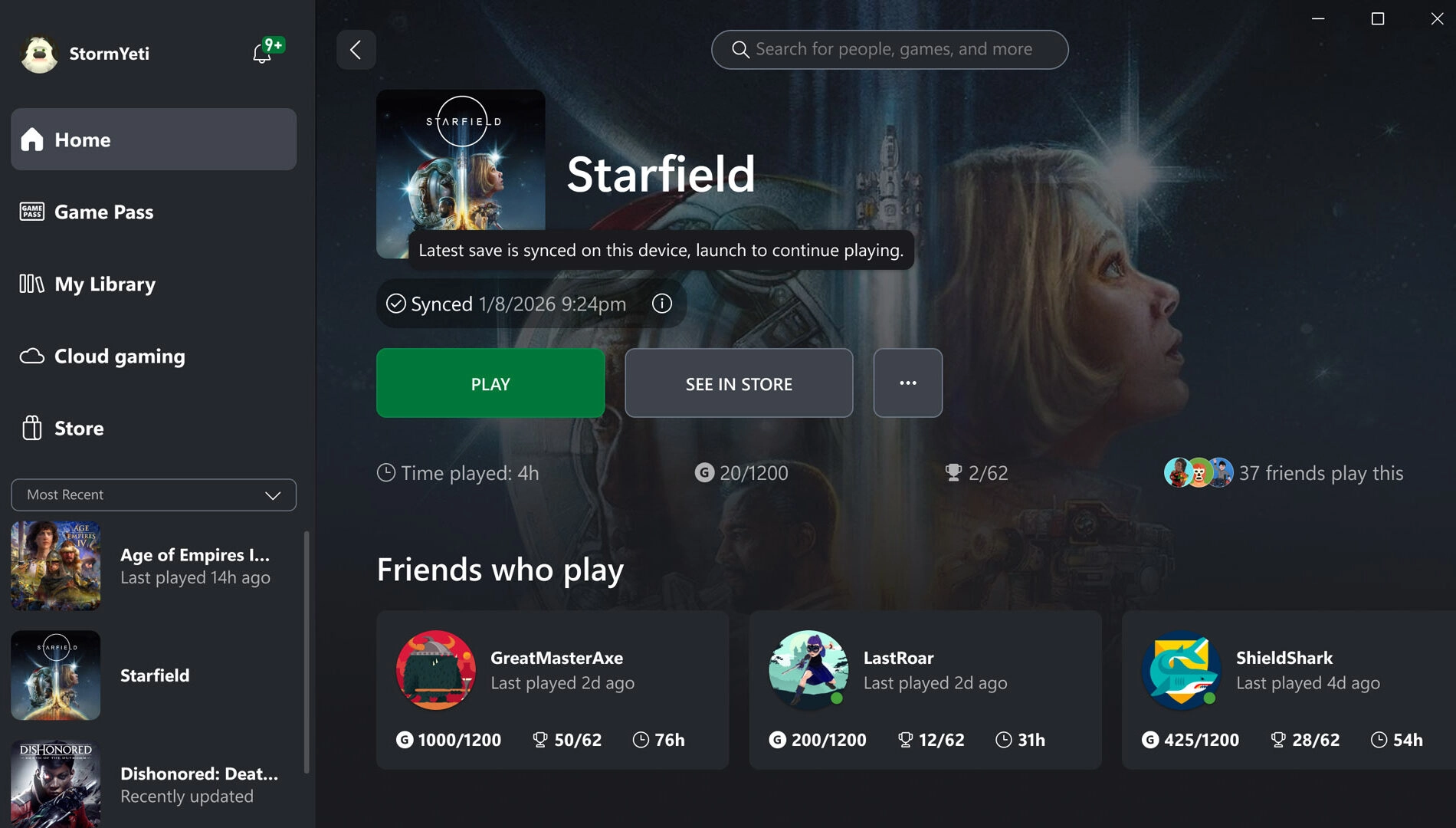 Xbox PC app interface showing Starfield game details, play options, and friends' activity on Windows 11 PC