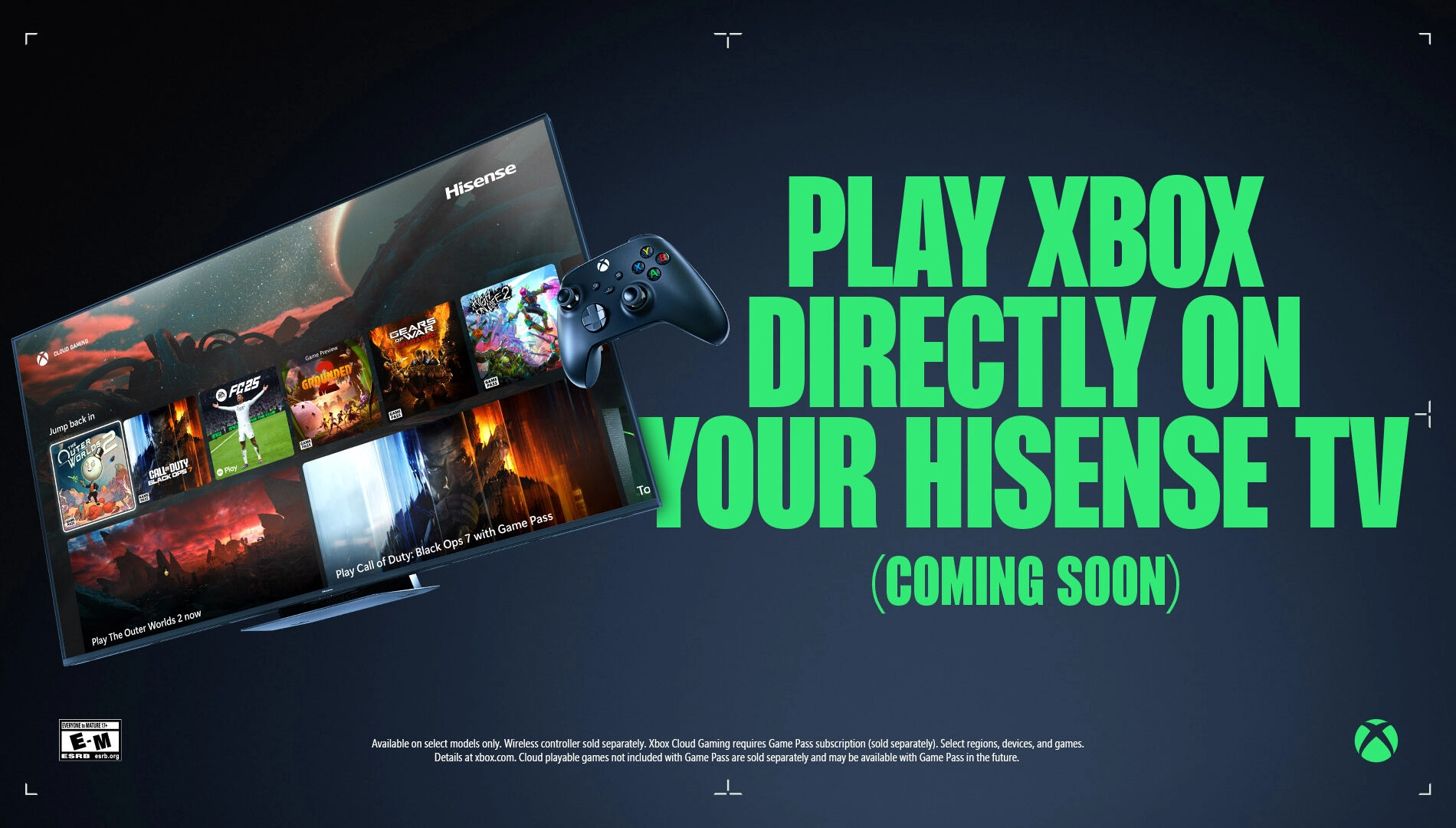 Hisense TV displaying Xbox Game Pass interface with controller, highlighting upcoming cloud gaming feature